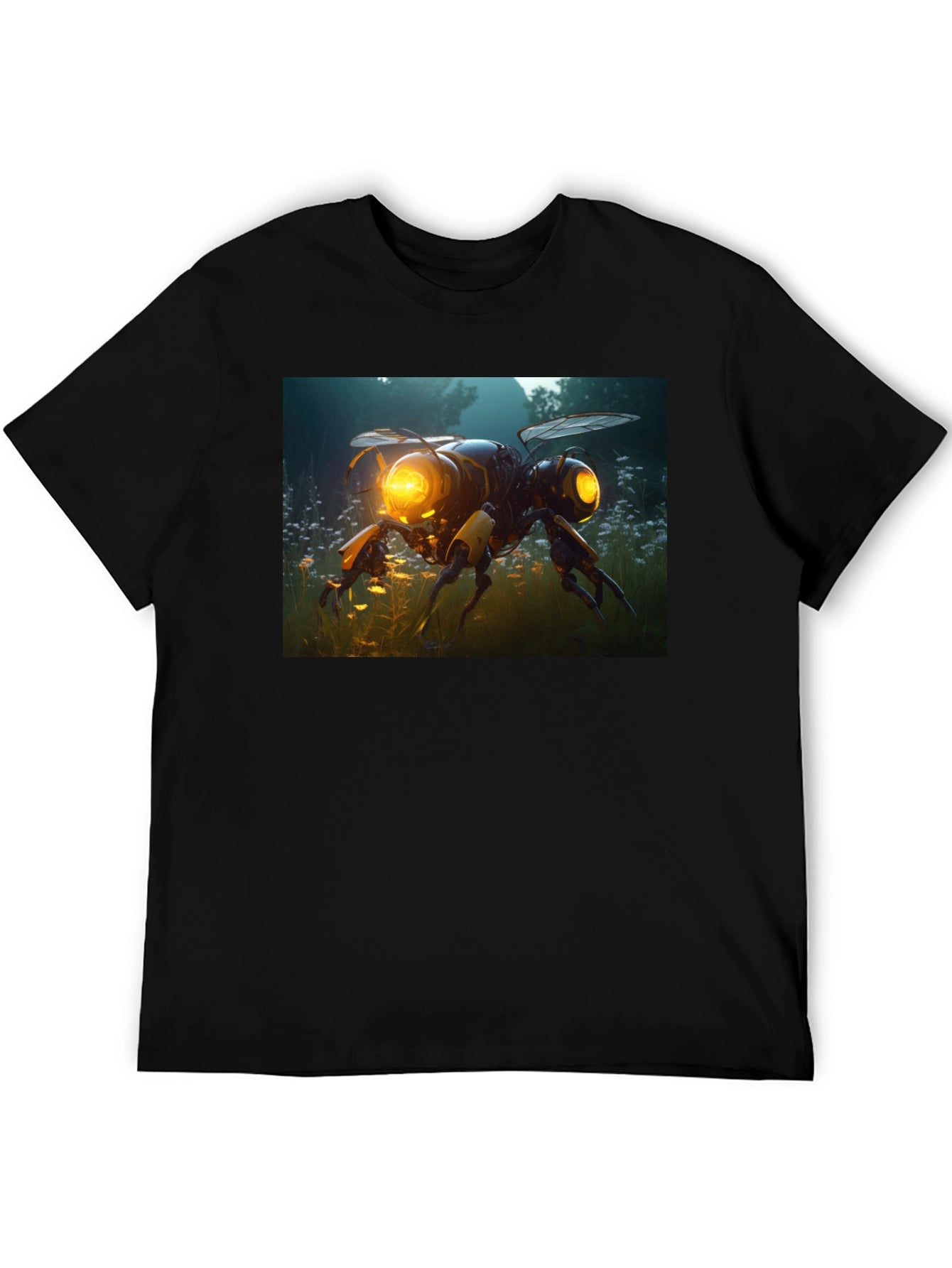 Robotic Bee Graphic Tee - Black Cotton T-Shirt