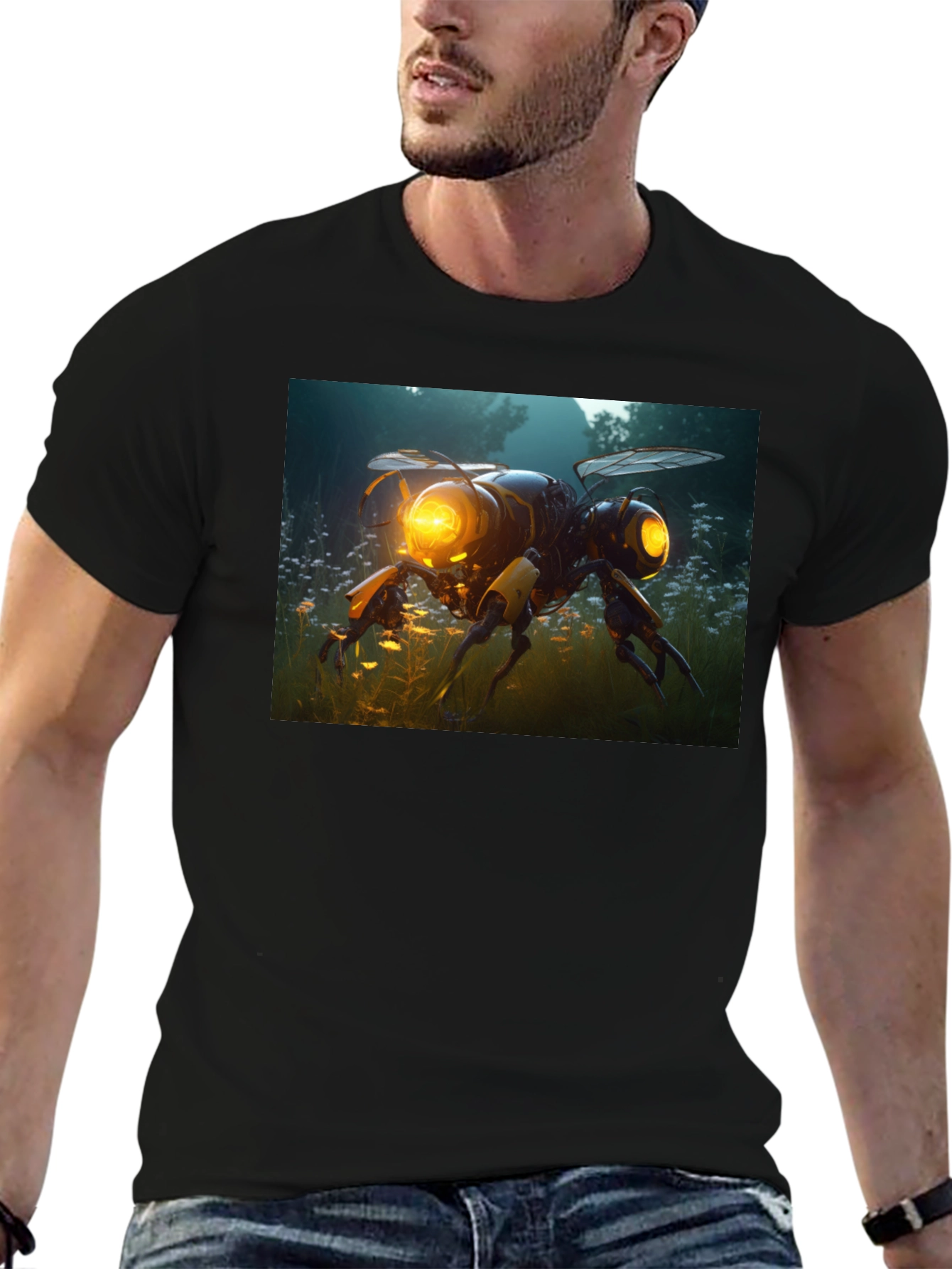 Robotic Bee Graphic Tee - Black Cotton T-Shirt