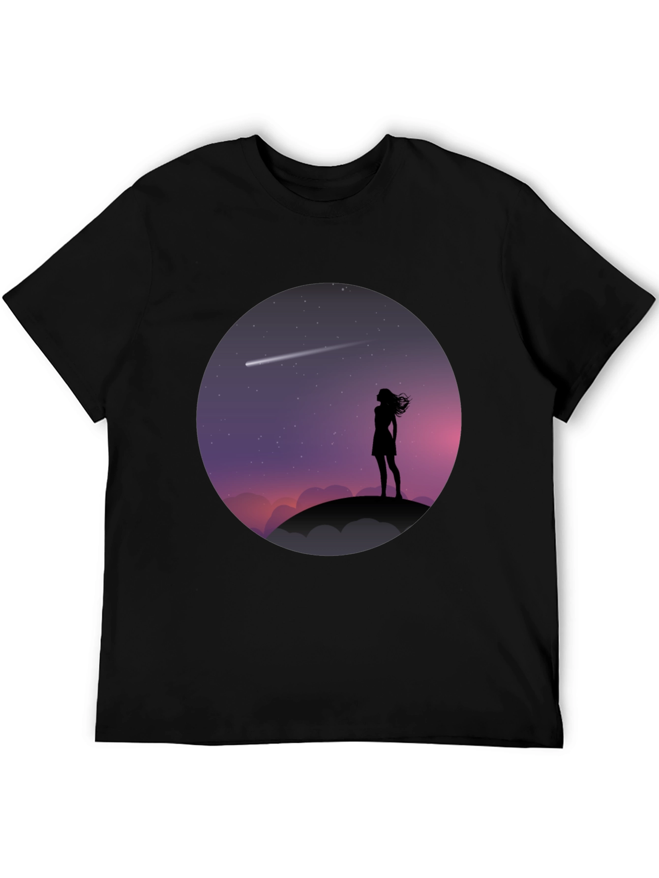 Silhouette Girl Stargazing Black T-Shirt