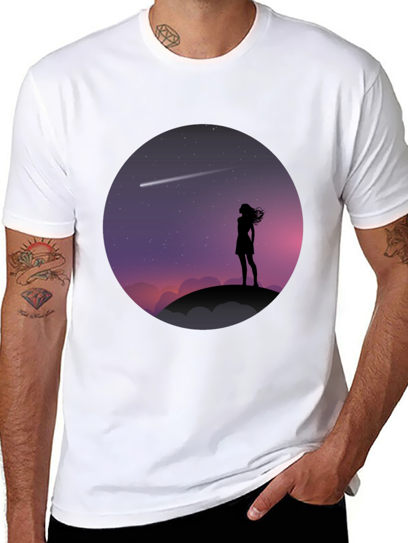 Silhouette Girl Stargazing Black T-Shirt