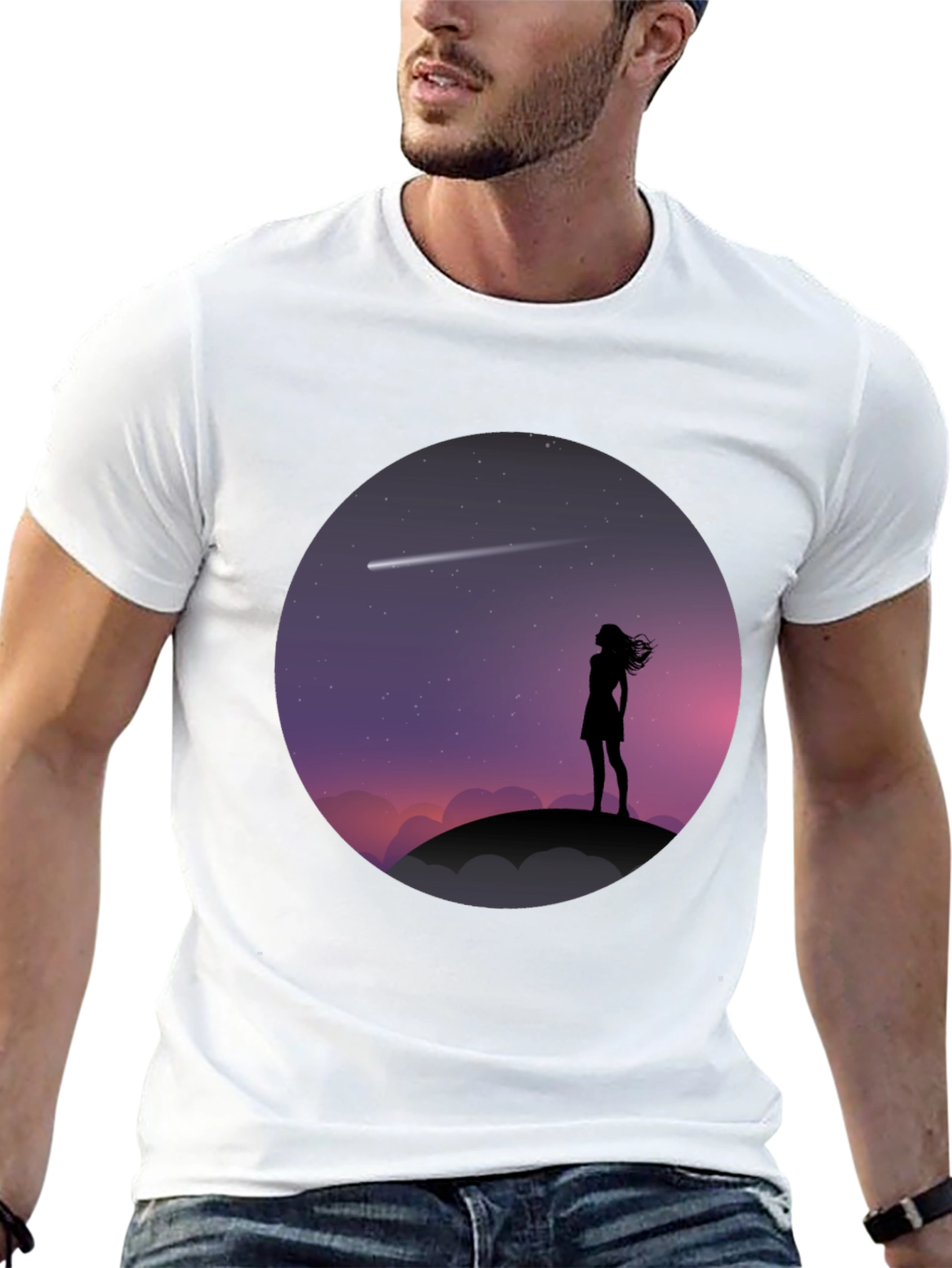 Silhouette Girl Stargazing Black T-Shirt