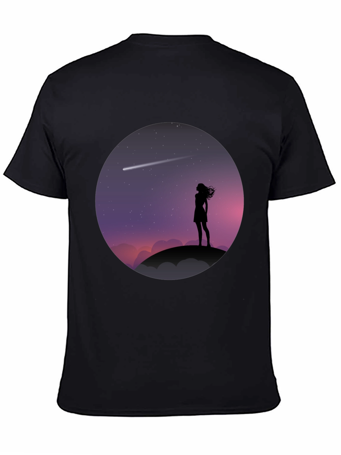 Silhouette Girl Stargazing Black T-Shirt