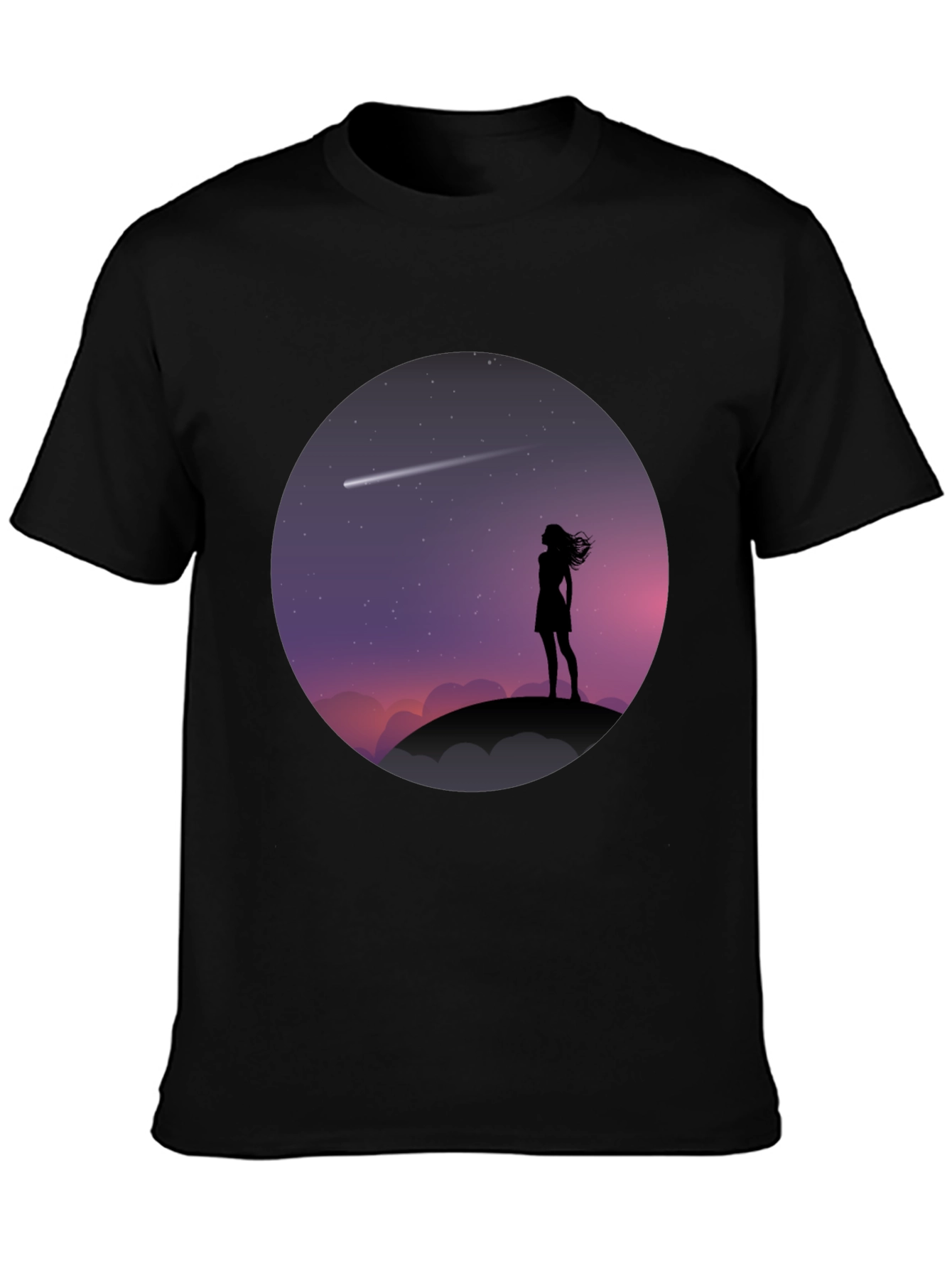 Silhouette Girl Stargazing Black T-Shirt