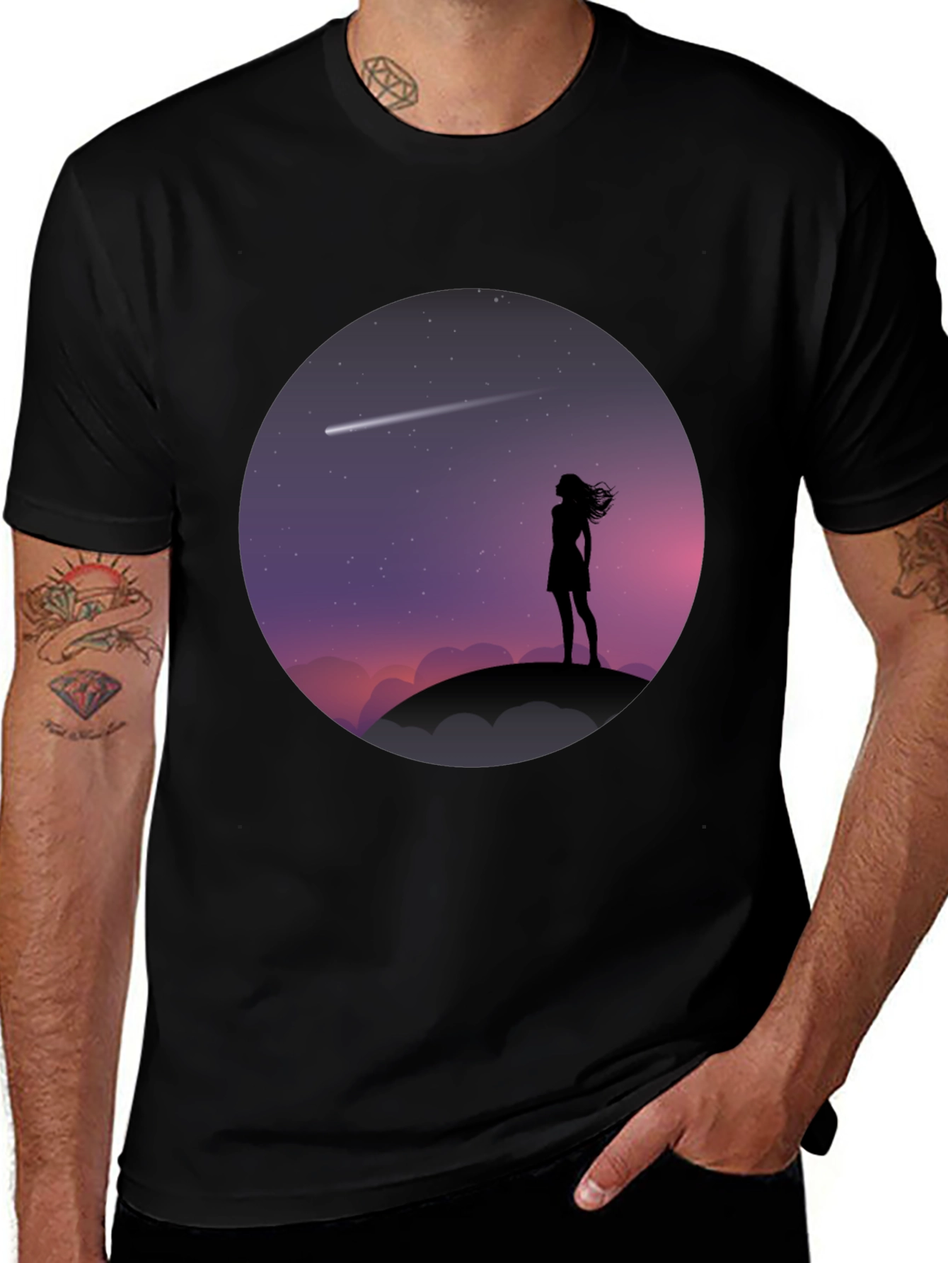 Silhouette Girl Stargazing Black T-Shirt