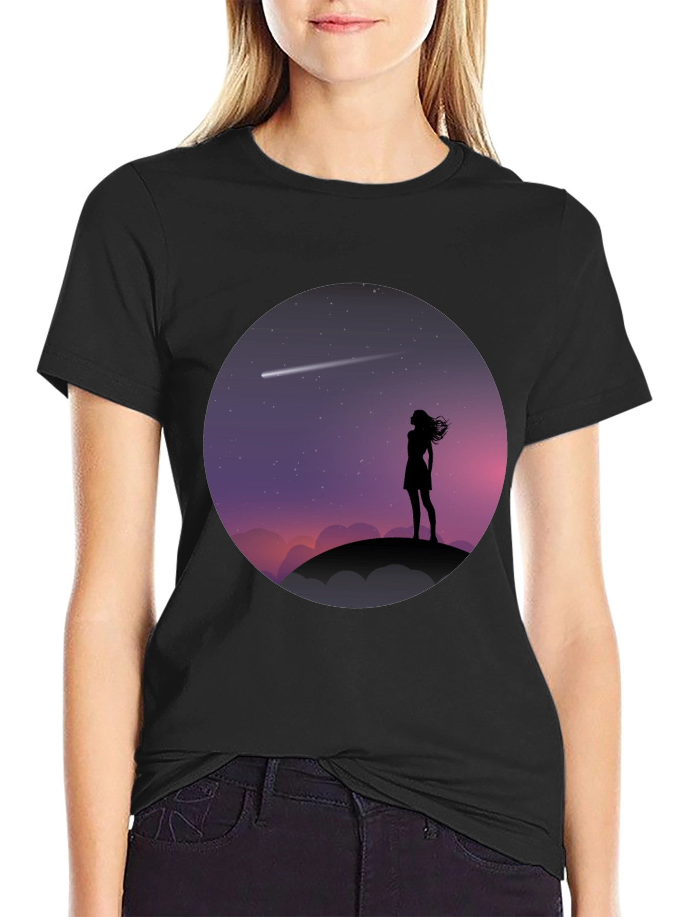 Silhouette Girl Stargazing Black T-Shirt
