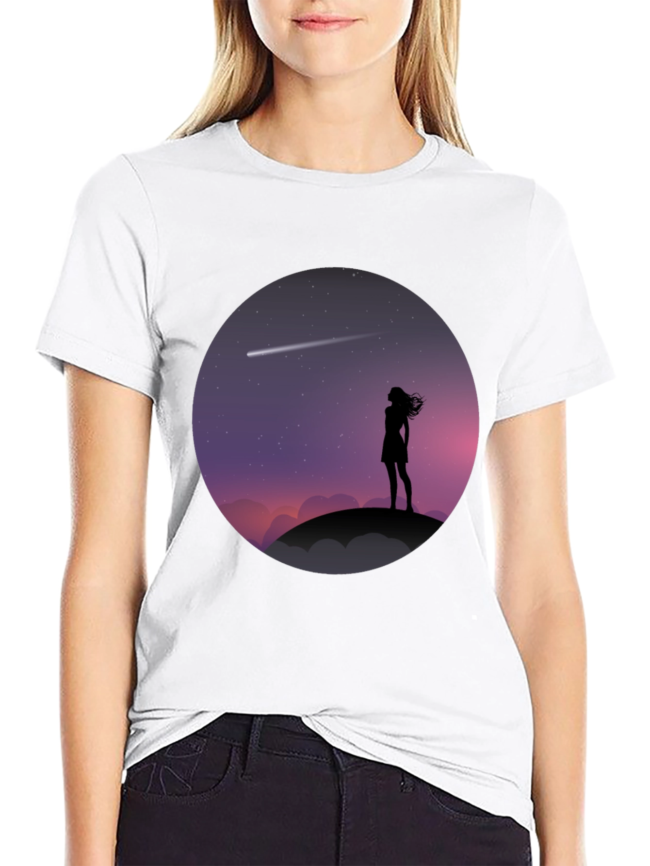 Silhouette Girl Stargazing Black T-Shirt