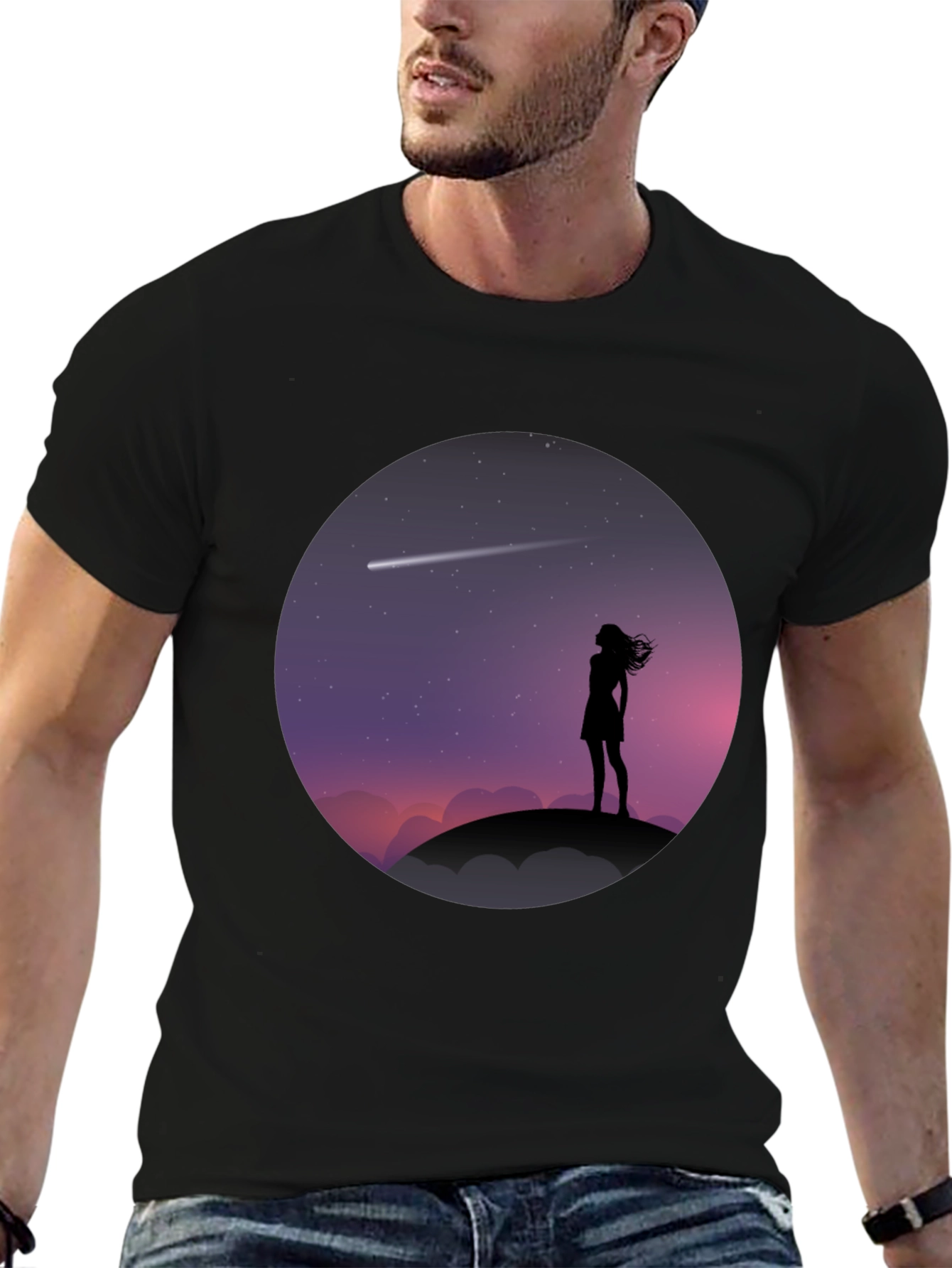 Silhouette Girl Stargazing Black T-Shirt