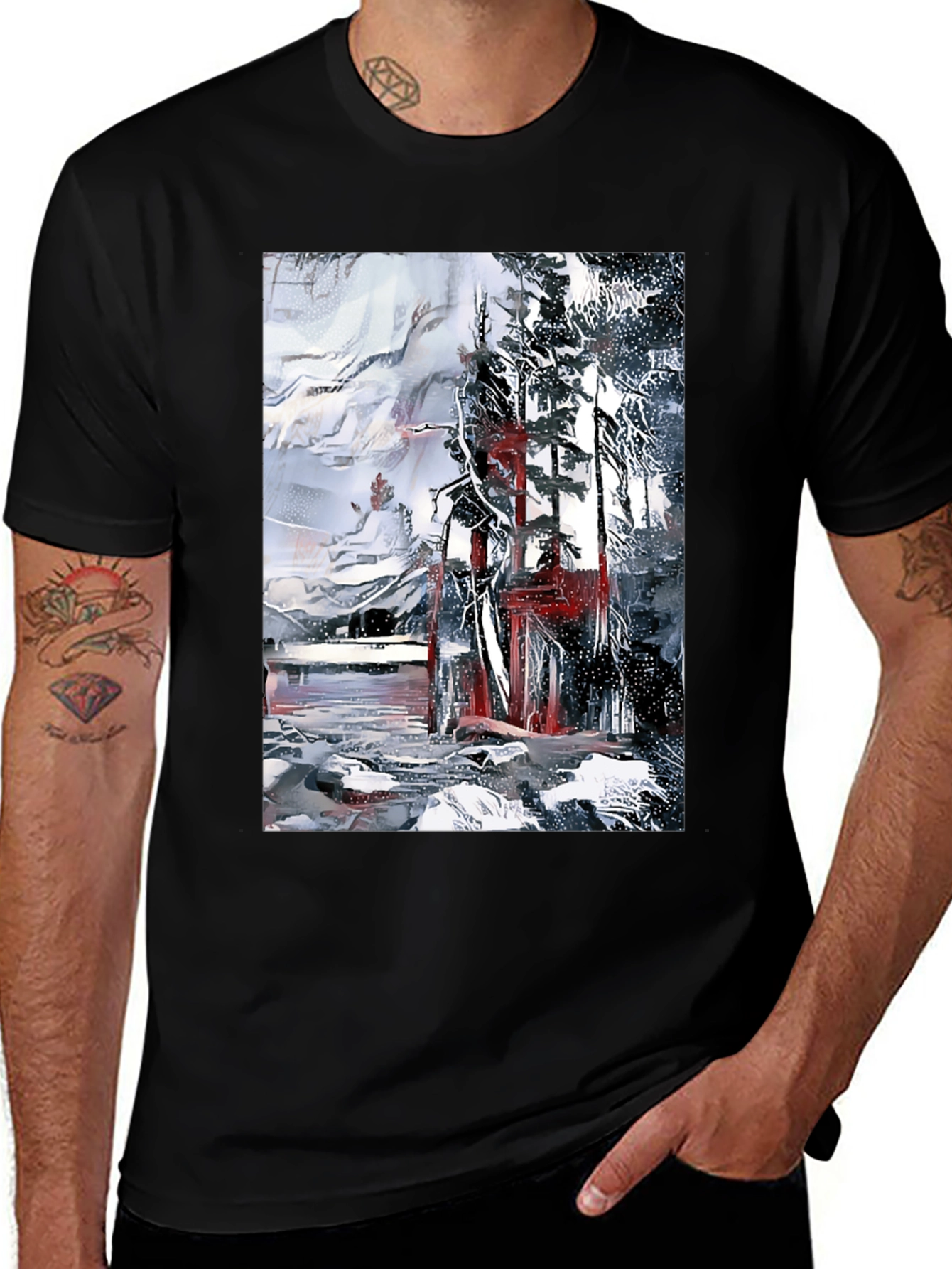 Abstract Winter Scene Black T-Shirt