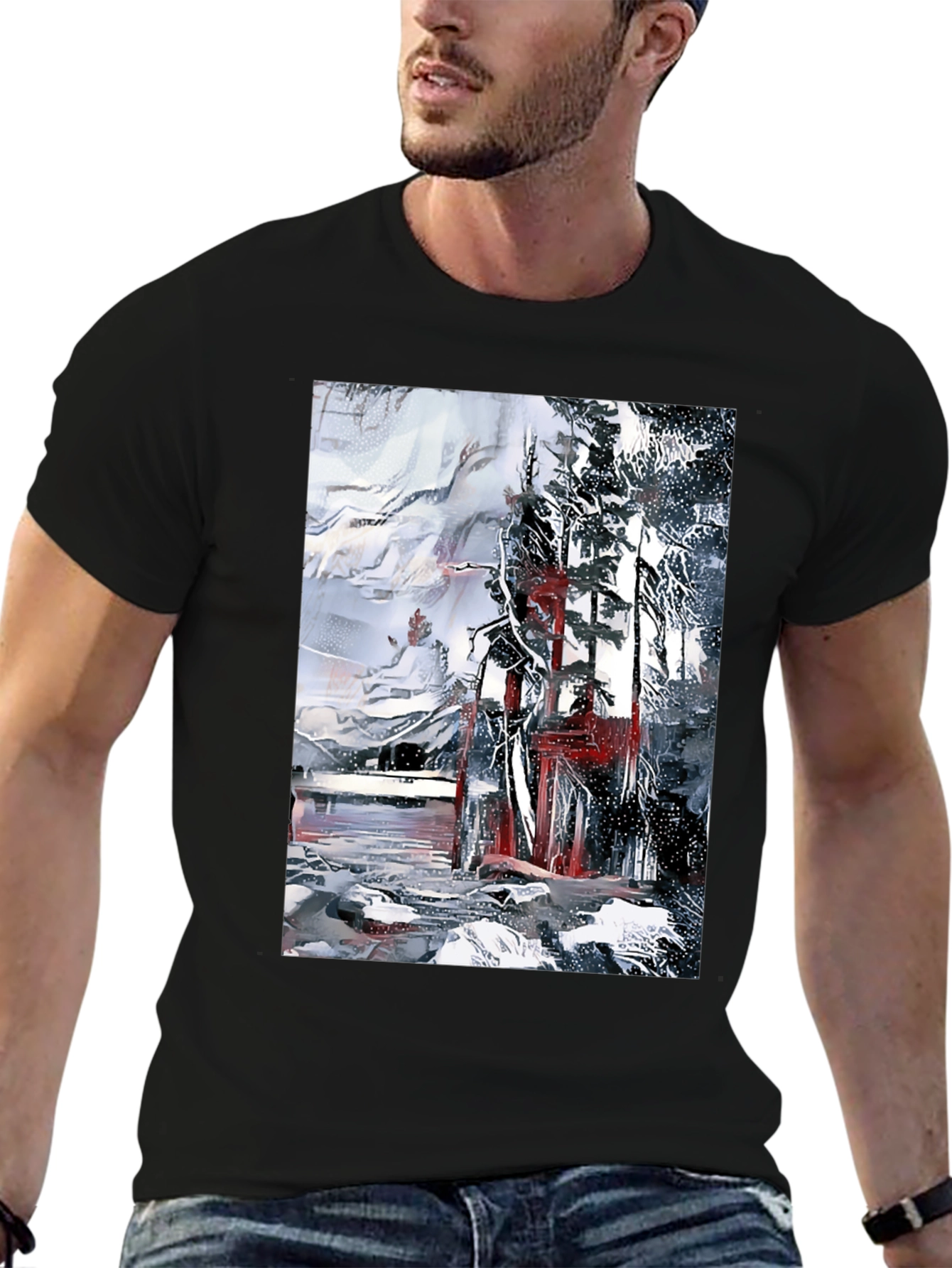 Abstract Winter Scene Black T-Shirt