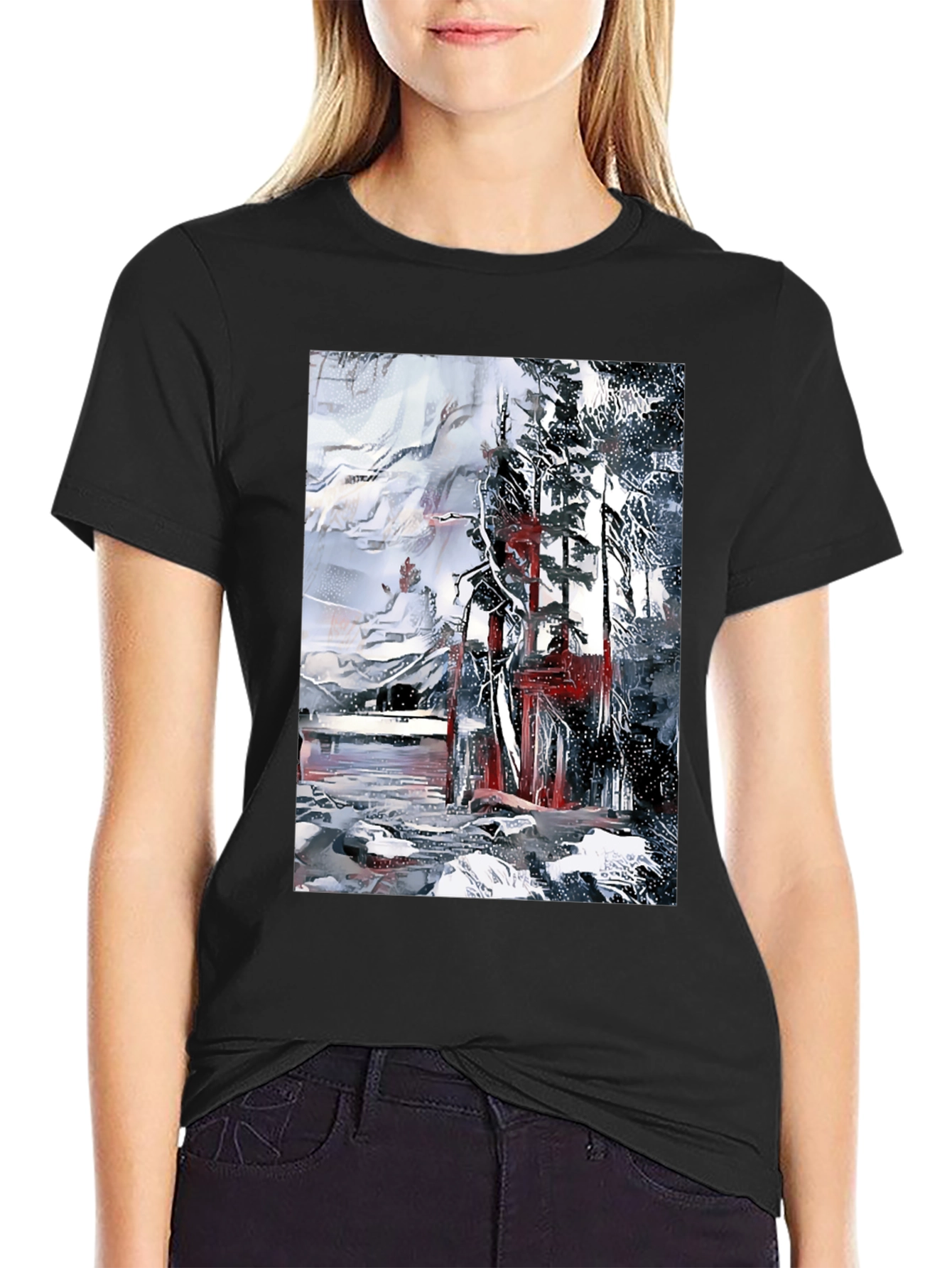 Abstract Winter Scene Black T-Shirt