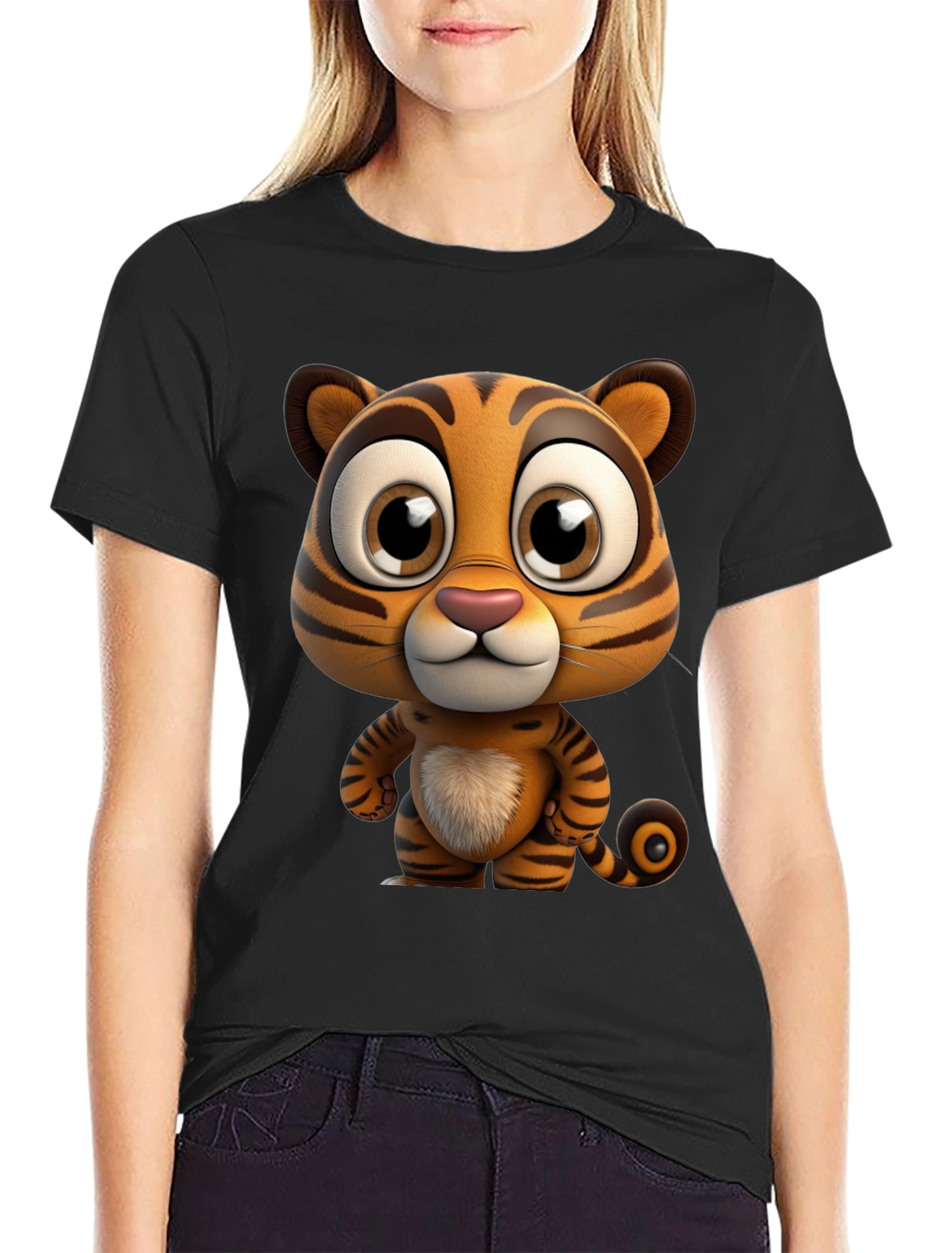 Cartoon Tiger Graphic Tee - Soft Black Cotton T-Shirt