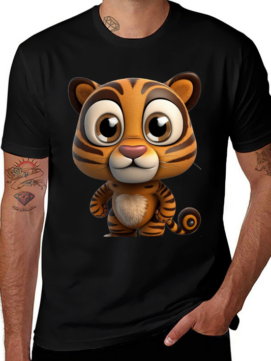 Cartoon Tiger Graphic Tee - Soft Black Cotton T-Shirt
