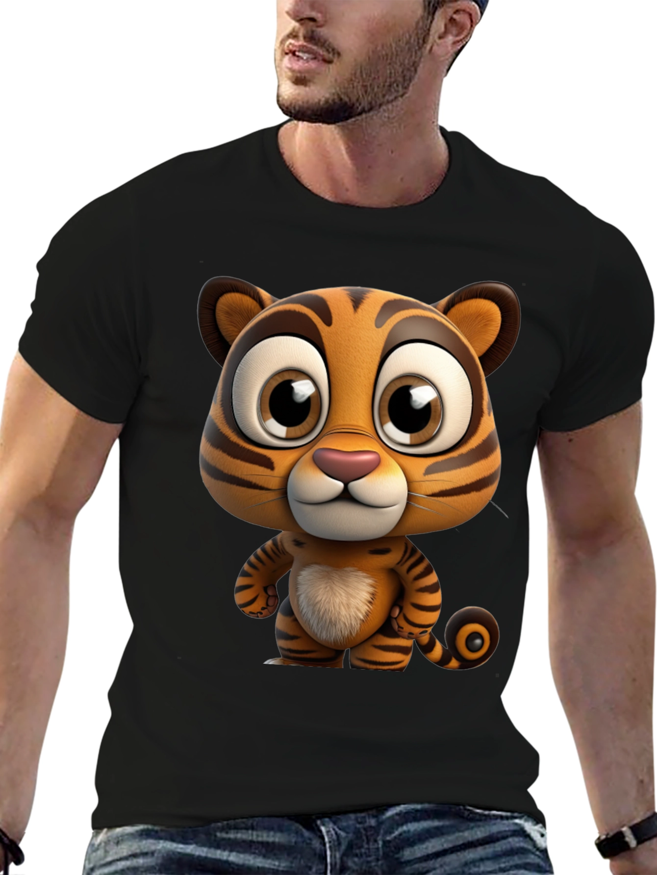 Cartoon Tiger Graphic Tee - Soft Black Cotton T-Shirt