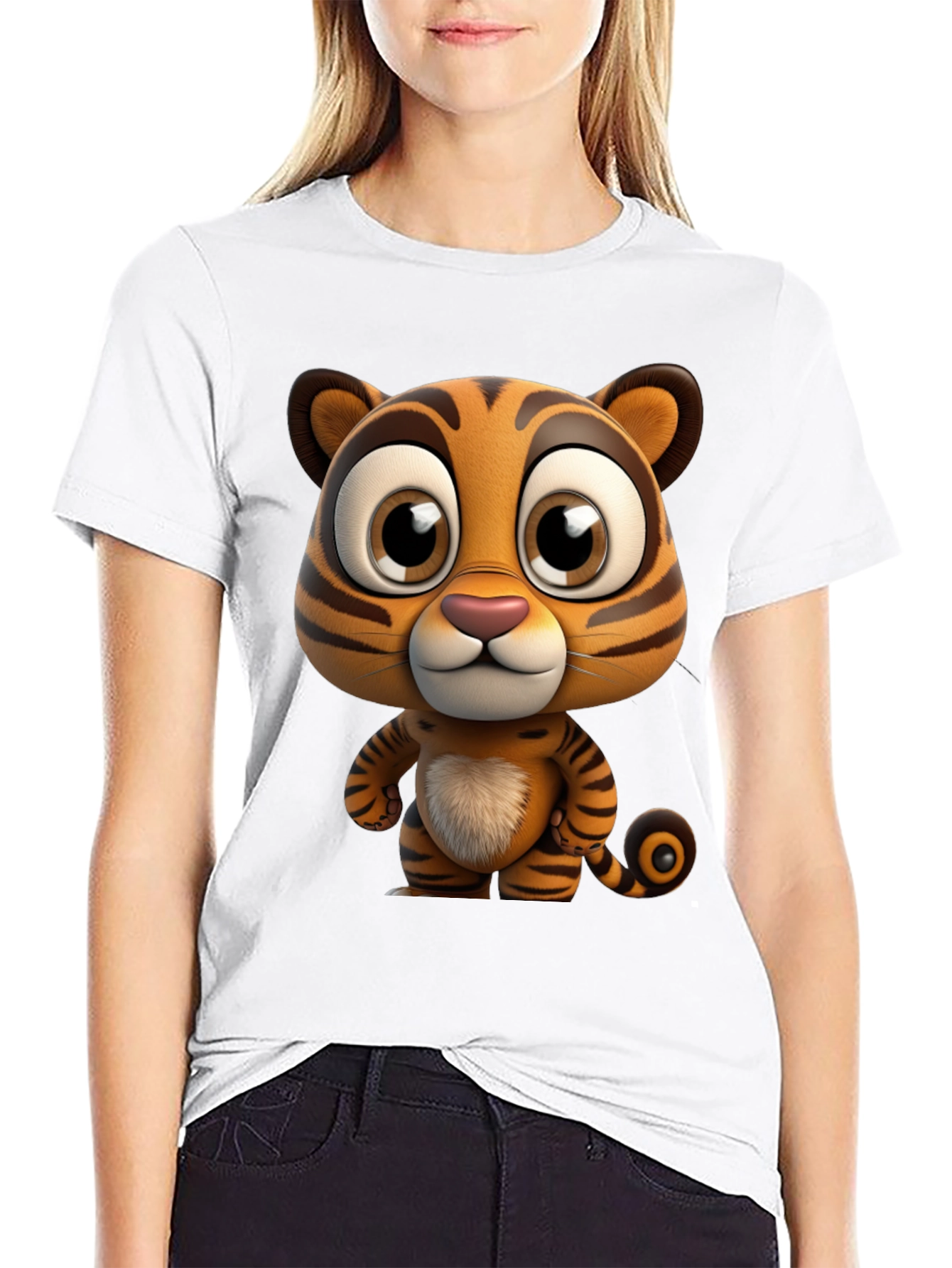 Cartoon Tiger Graphic Tee - Soft Black Cotton T-Shirt