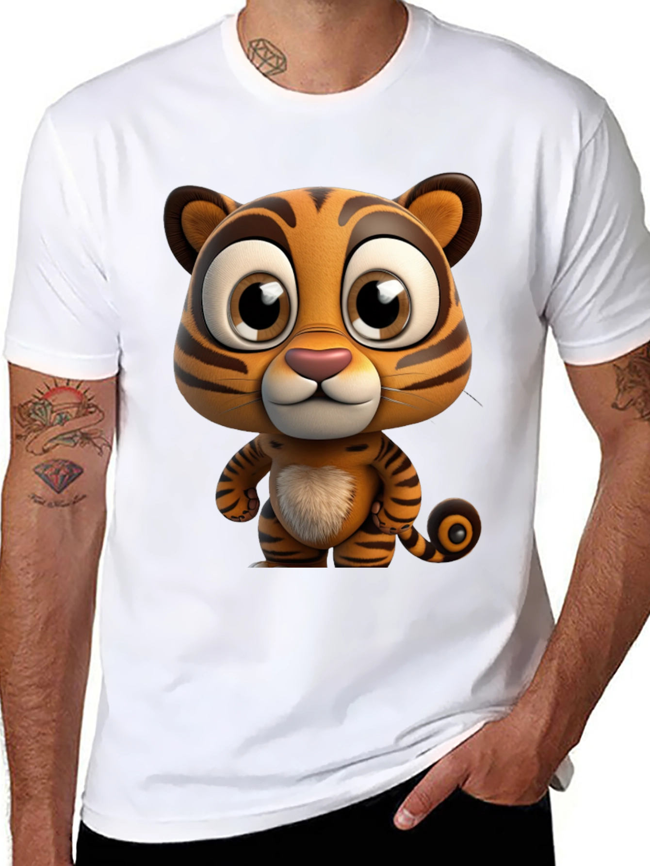 Cartoon Tiger Graphic Tee - Soft Black Cotton T-Shirt