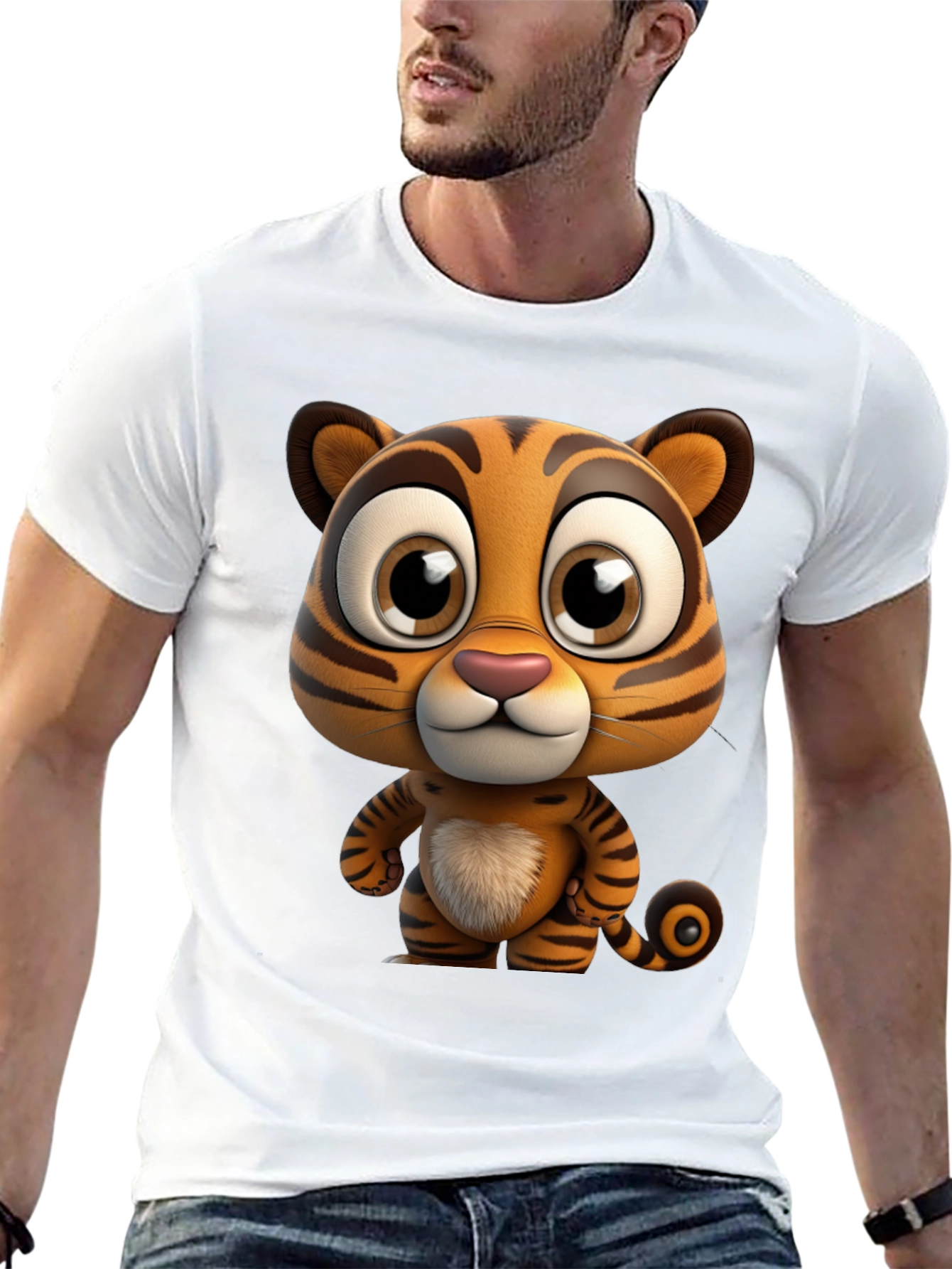 Cartoon Tiger Graphic Tee - Soft Black Cotton T-Shirt