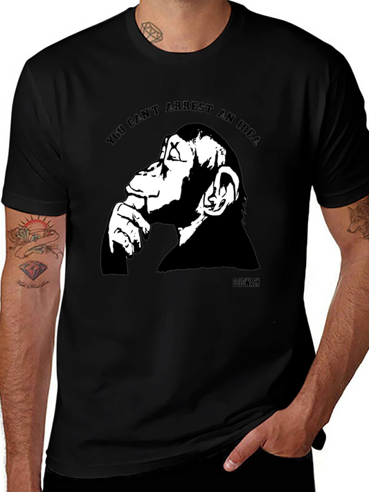 Thinking Monkey Graphic Tee - Arrest an Idea? Black Cotton Shirt