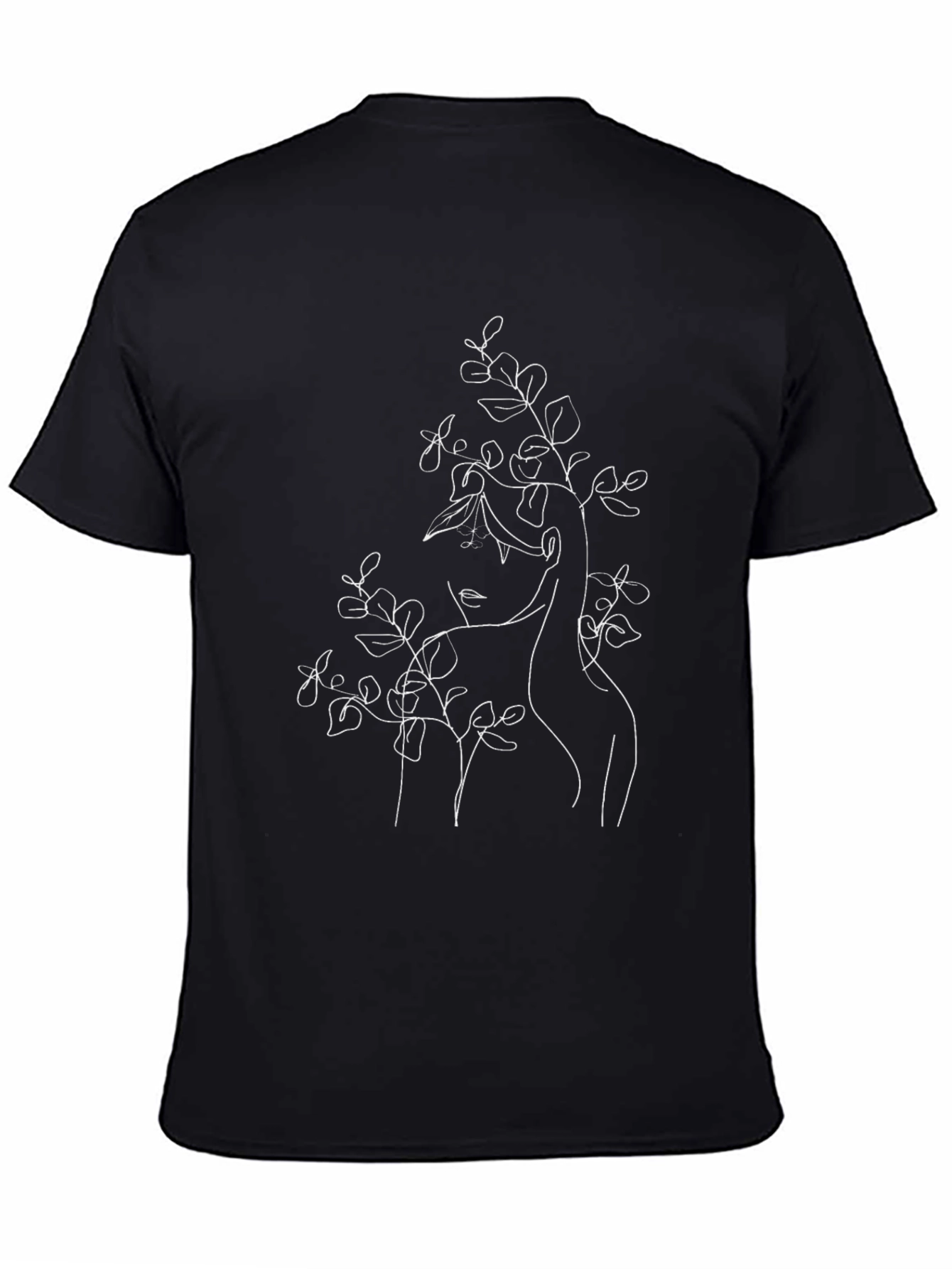 Minimalist Woman & Leaves Graphic Black T-Shirt