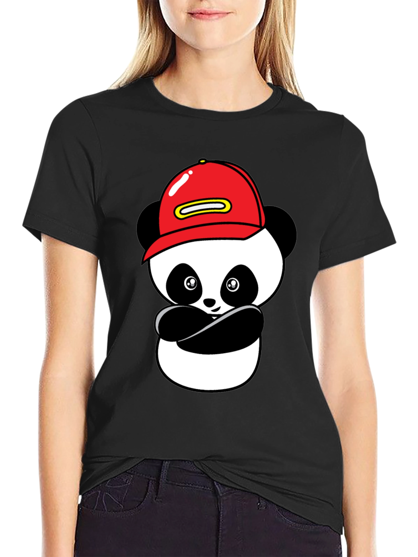 Cool Panda in Cap Black T-Shirt