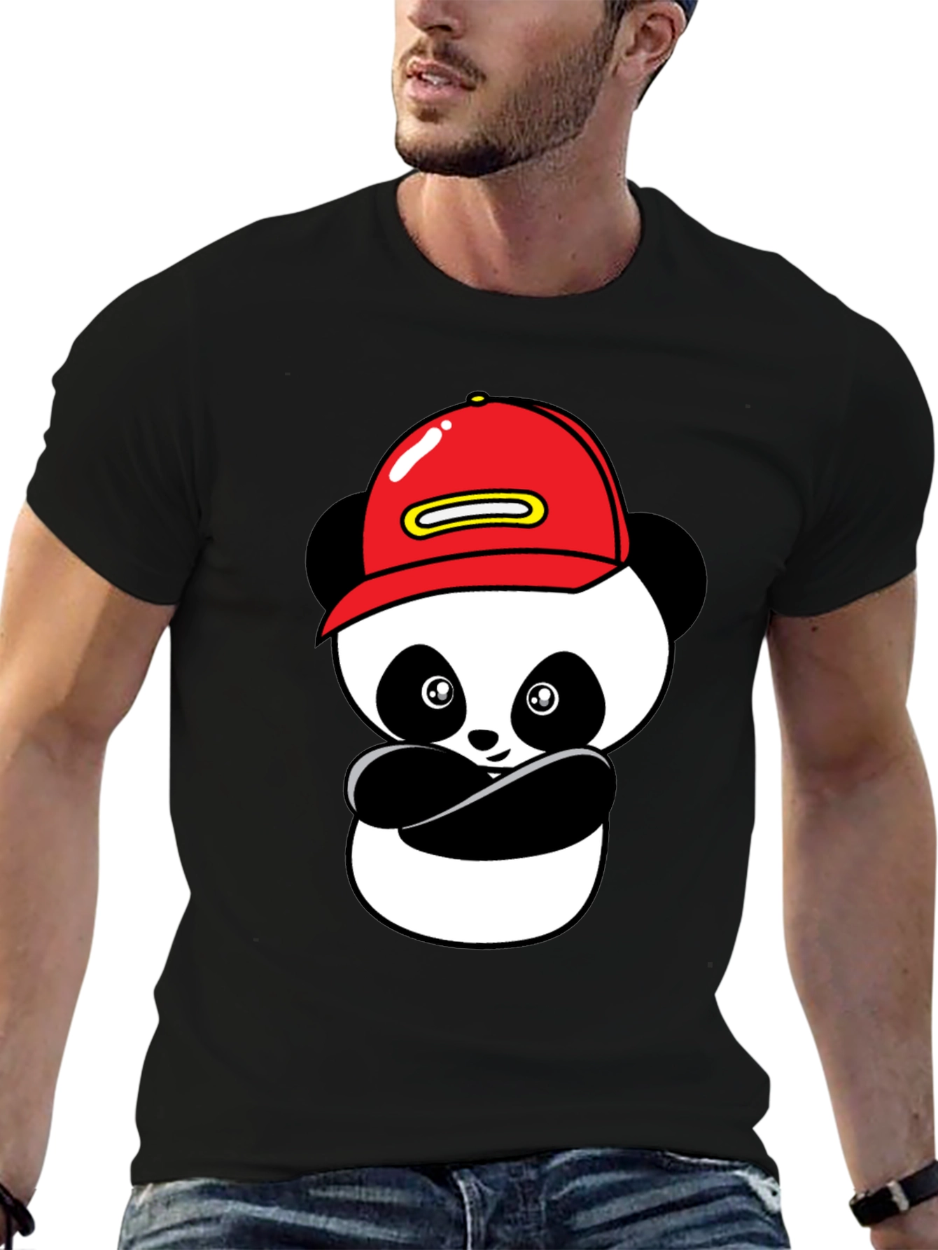 Cool Panda in Cap Black T-Shirt