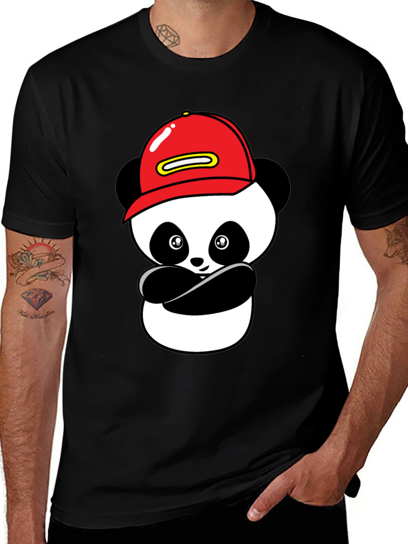 Cool Panda in Cap Black T-Shirt