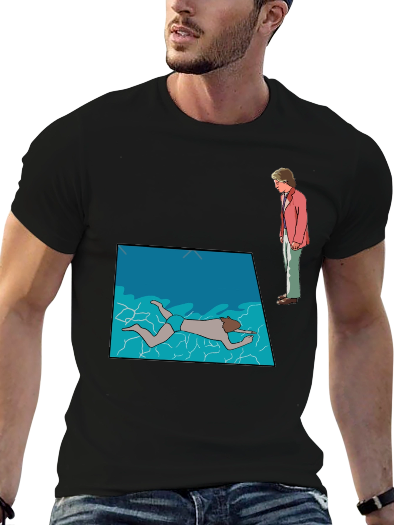 Poolside Mystery Graphic Tee - Black Cotton T-Shirt