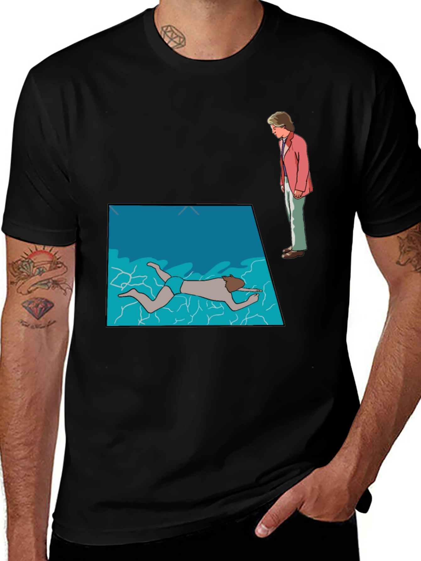 Poolside Mystery Graphic Tee - Black Cotton T-Shirt