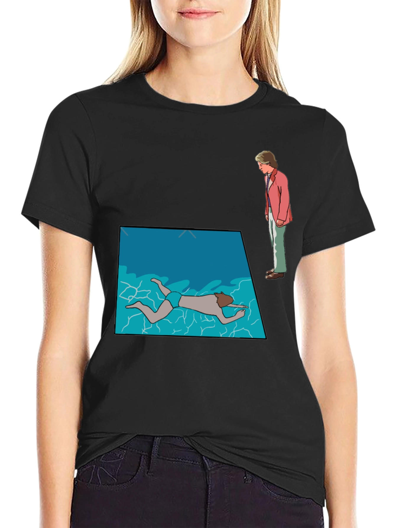 Poolside Mystery Graphic Tee - Black Cotton T-Shirt
