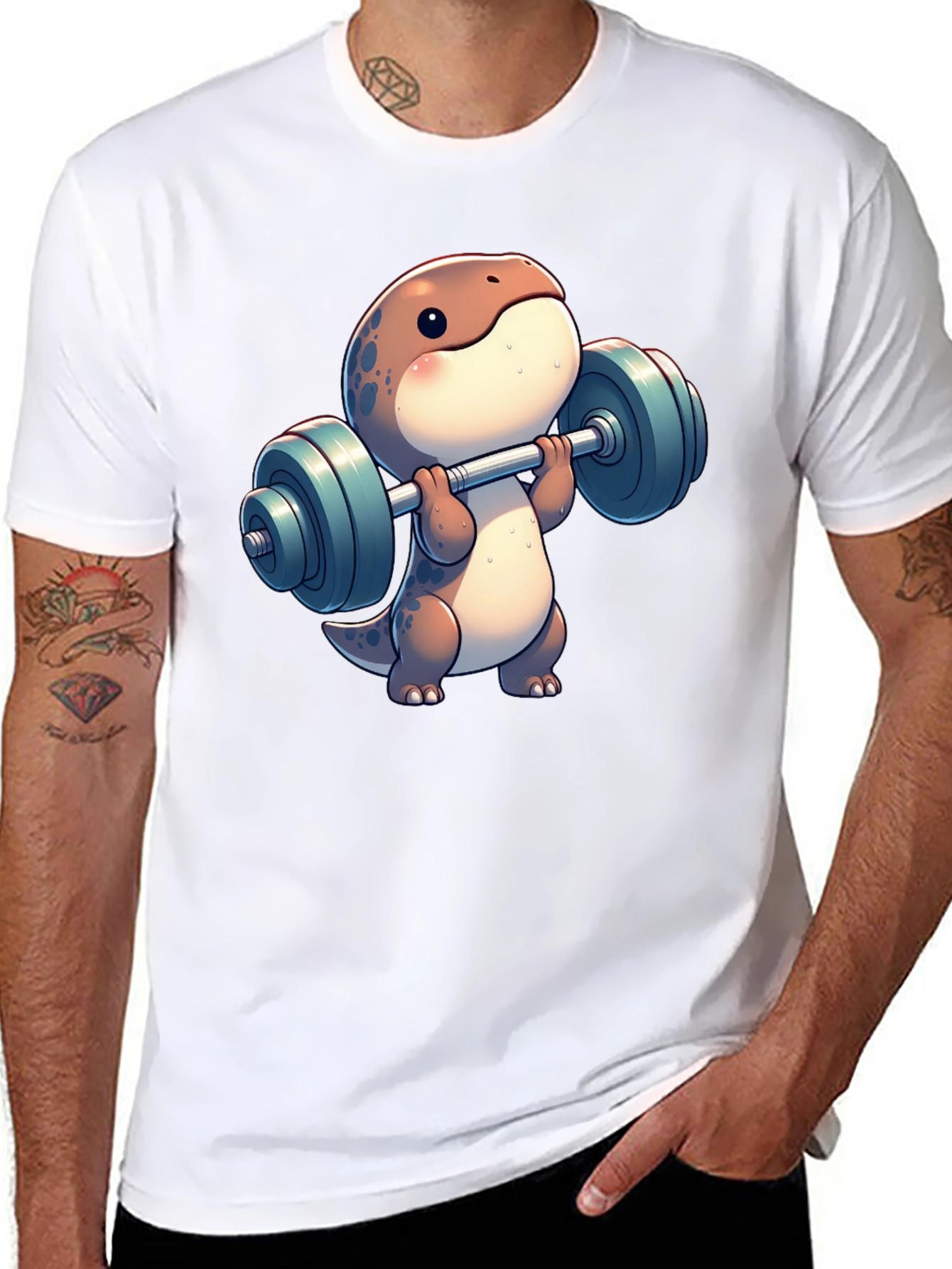 Dino Weightlifting T-Shirt - Cartoon Gym Reptile Tee
