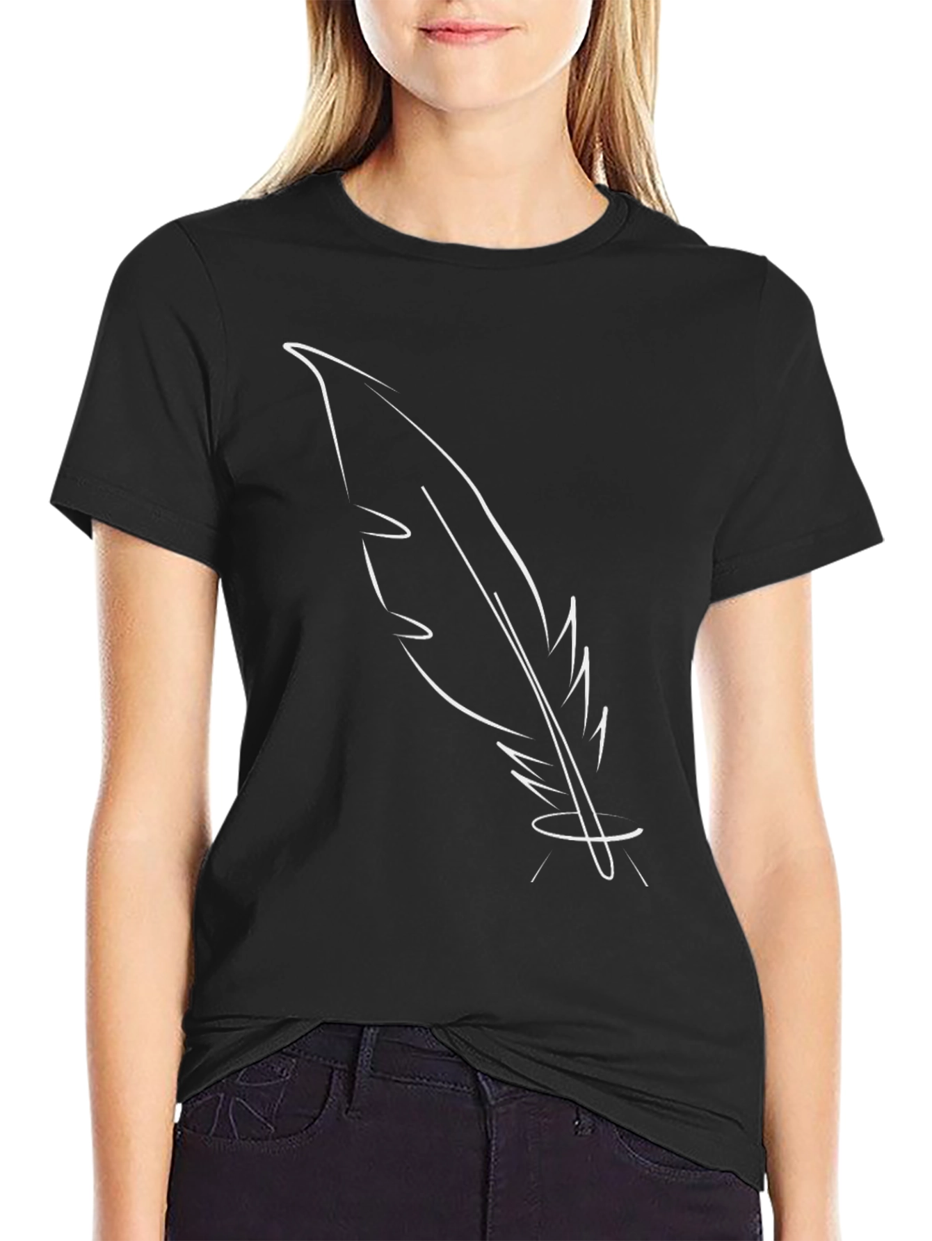 Feather Outline Graphic T-Shirt - Casual Style