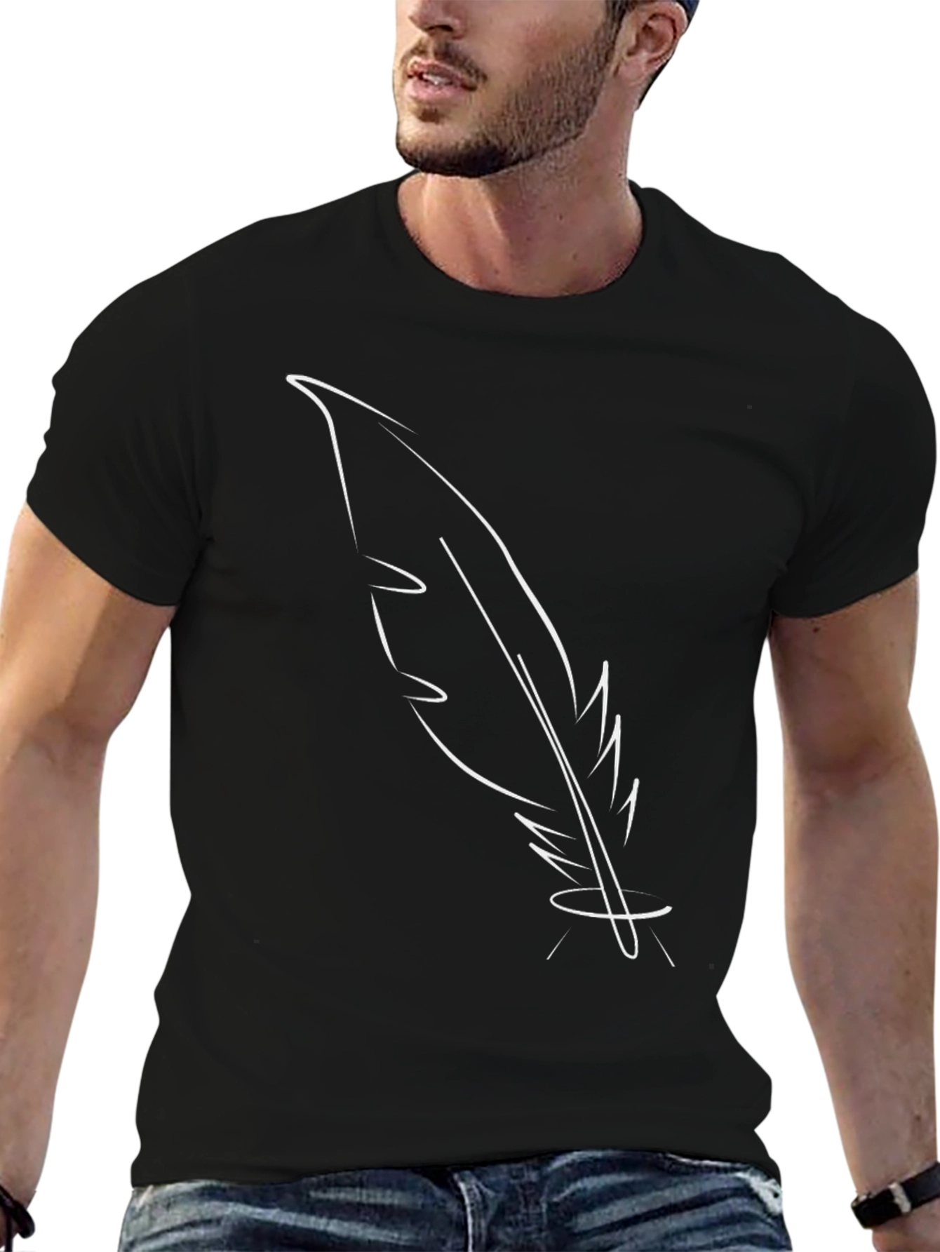Feather Outline Graphic T-Shirt - Casual Style