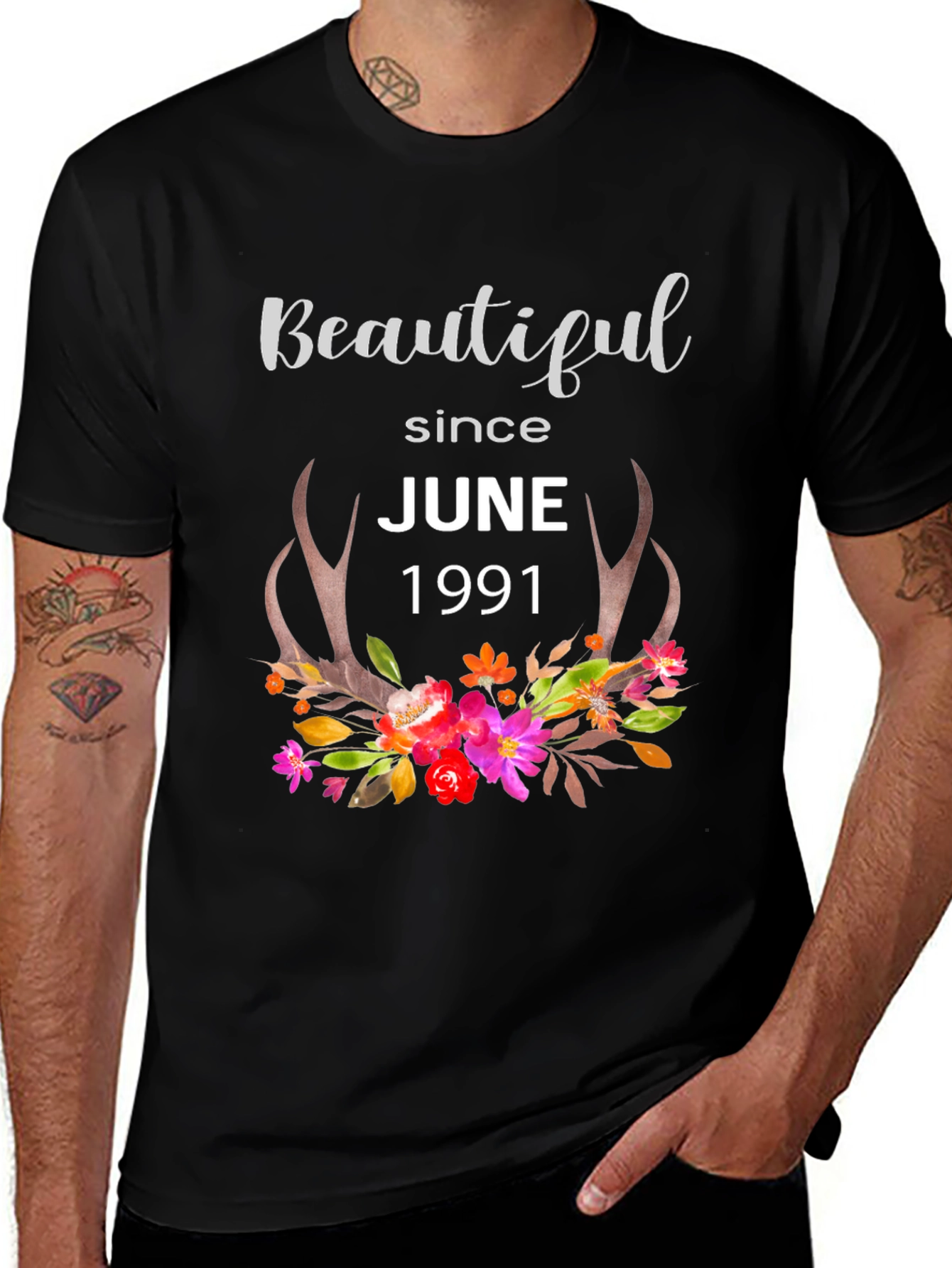 Beautiful Since June 1991 Floral Antler T-Shirt