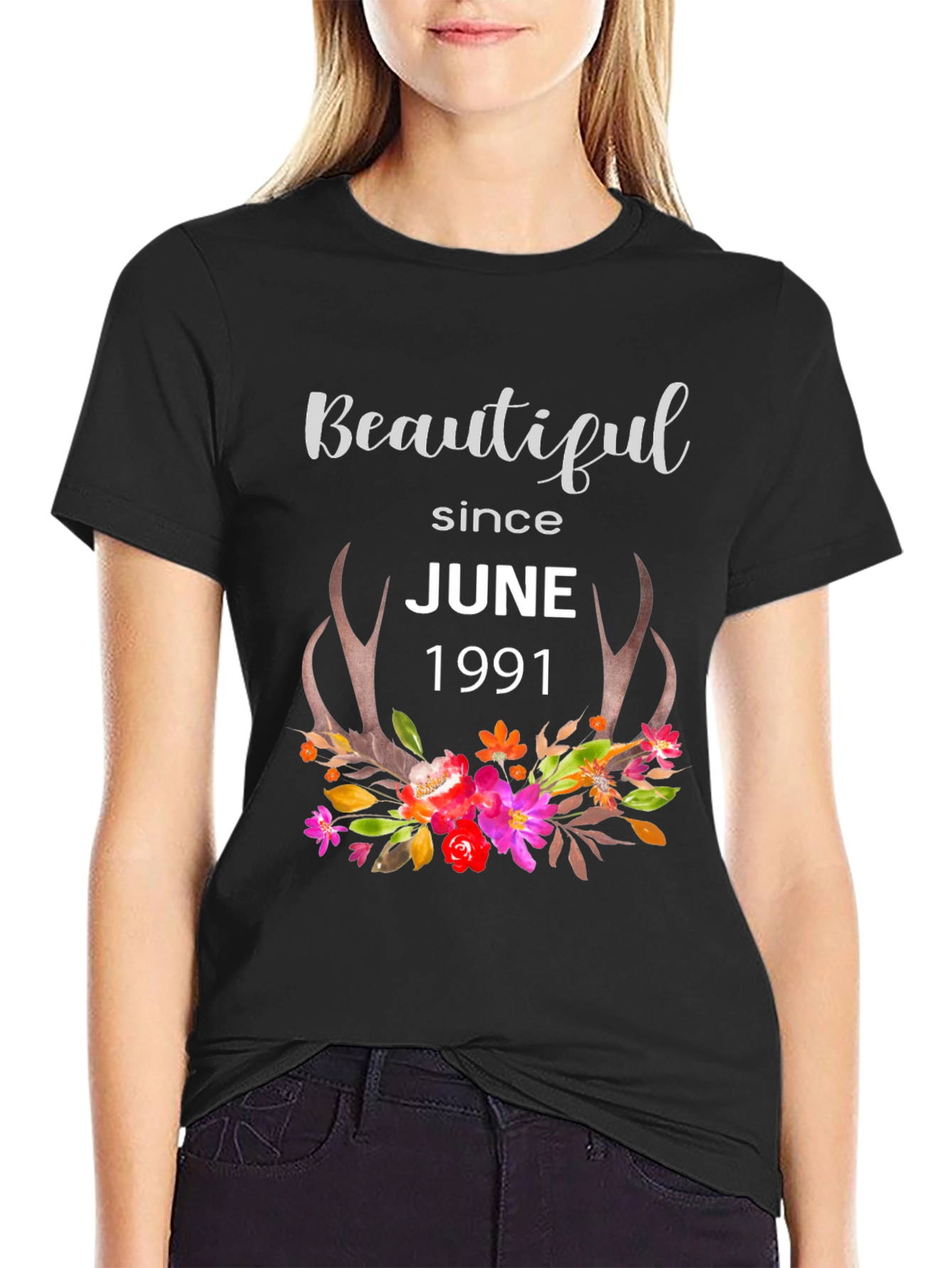 Beautiful Since June 1991 Floral Antler T-Shirt