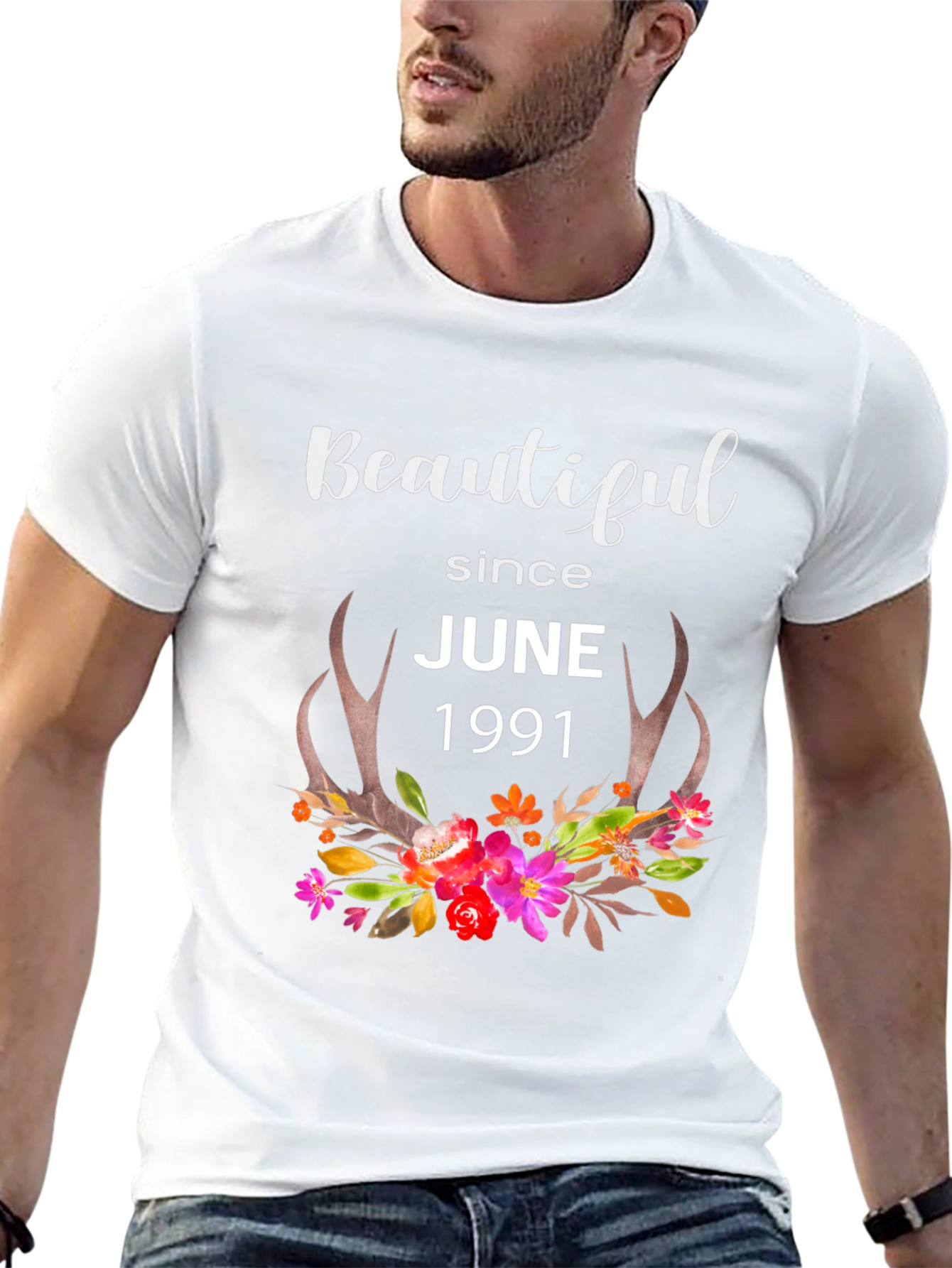 Beautiful Since June 1991 Floral Antler T-Shirt