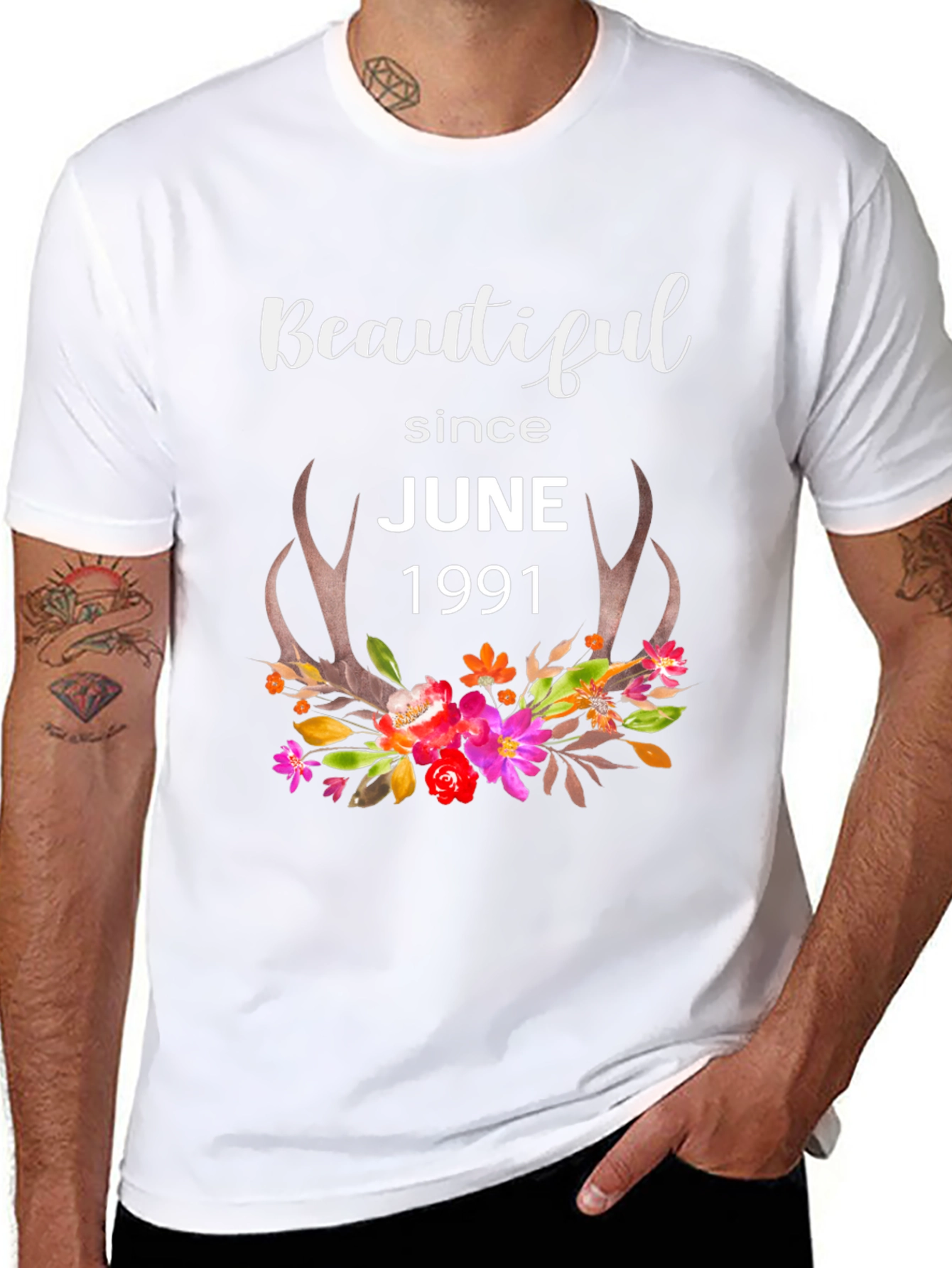 Beautiful Since June 1991 Floral Antler T-Shirt