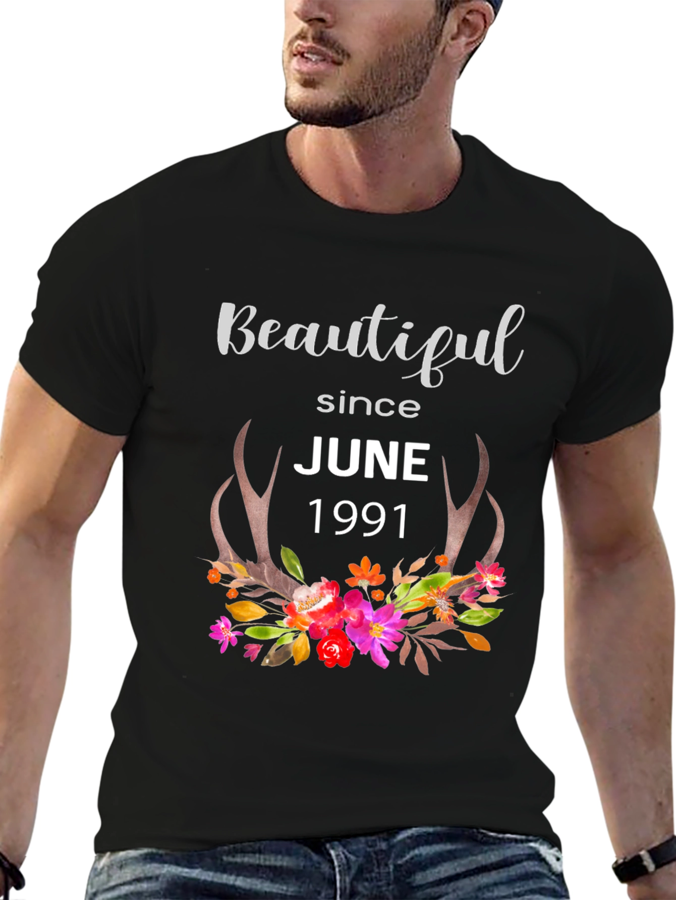 Beautiful Since June 1991 Floral Antler T-Shirt