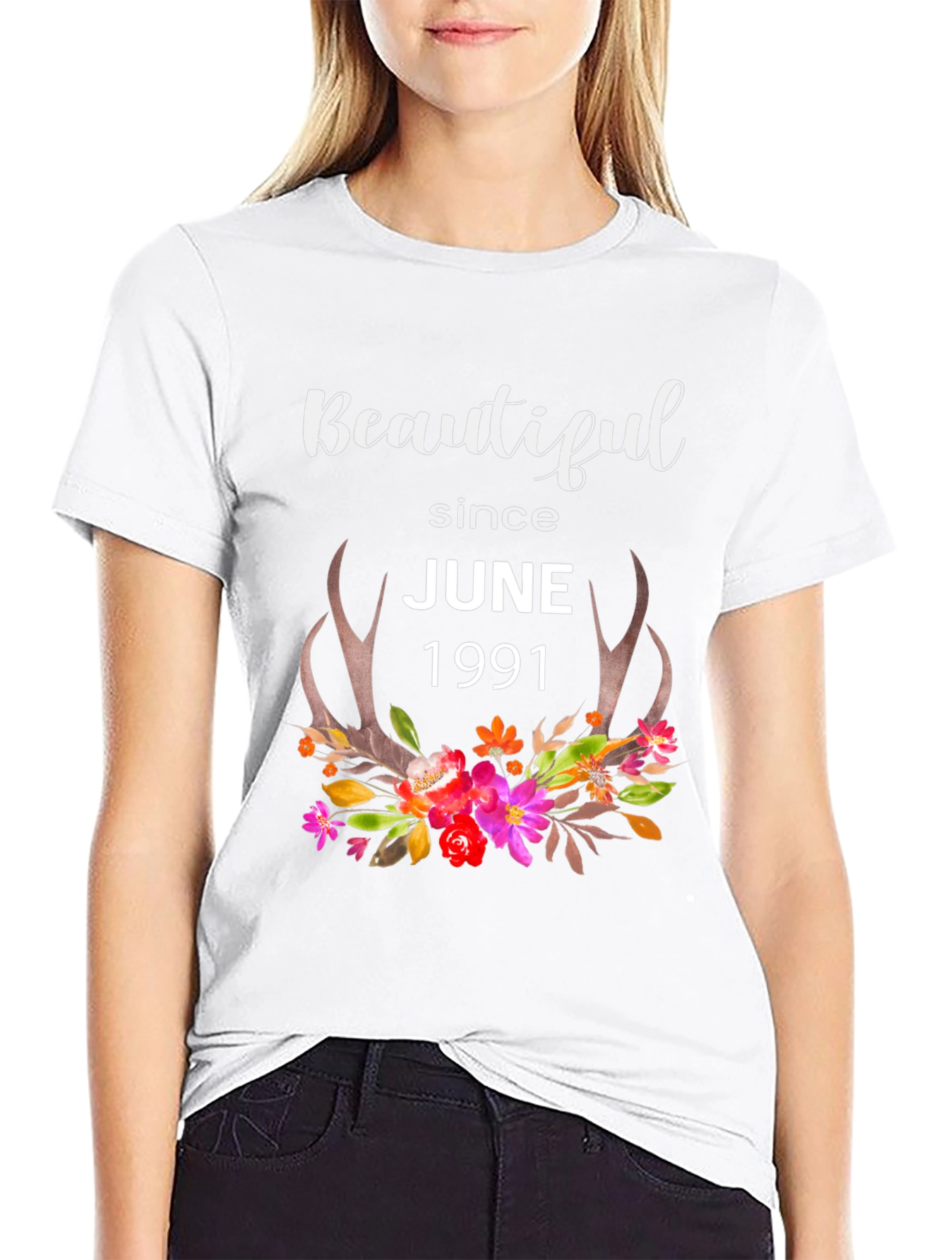 Beautiful Since June 1991 Floral Antler T-Shirt
