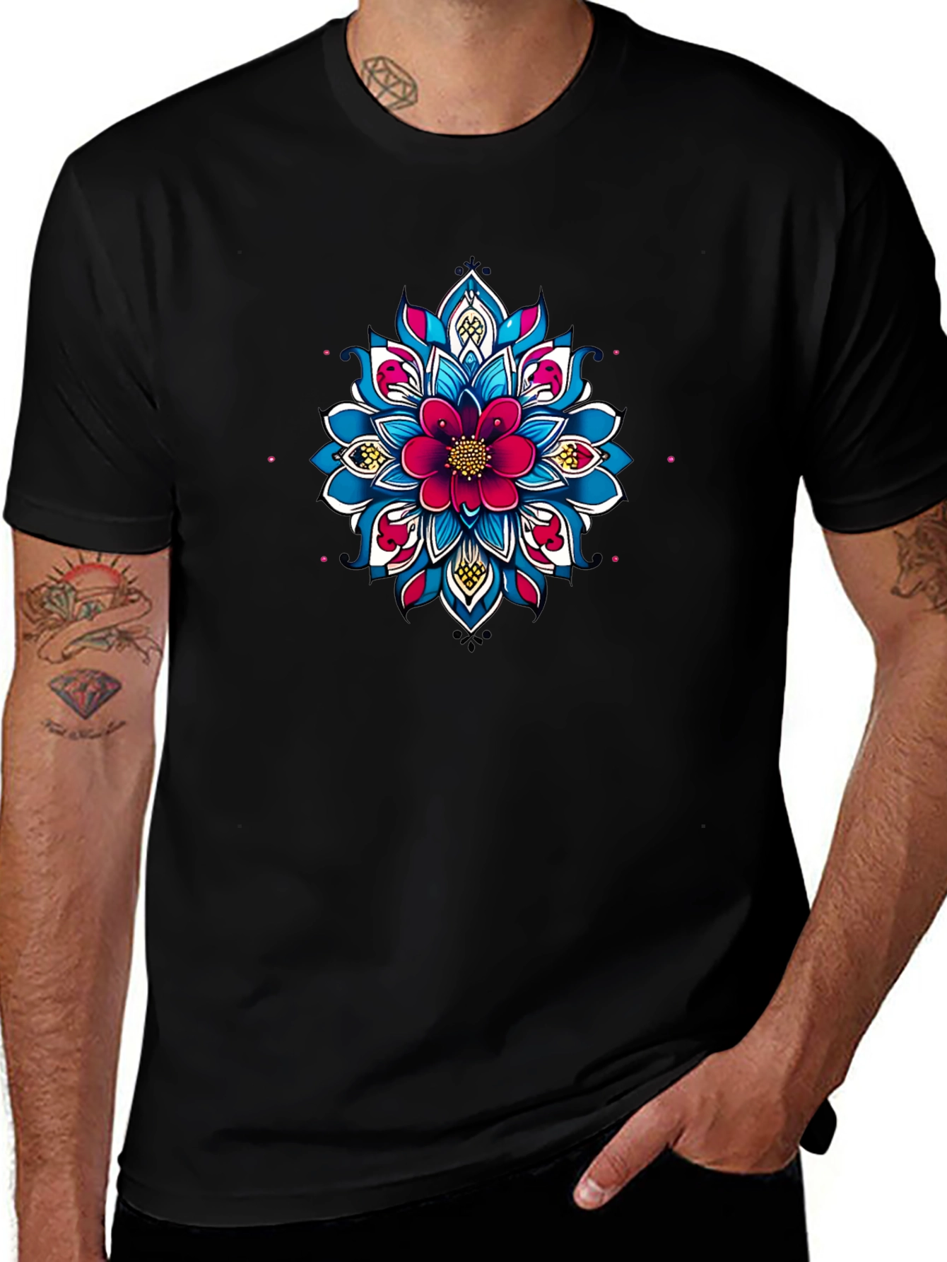 Black Tee with Floral Mandala Design
