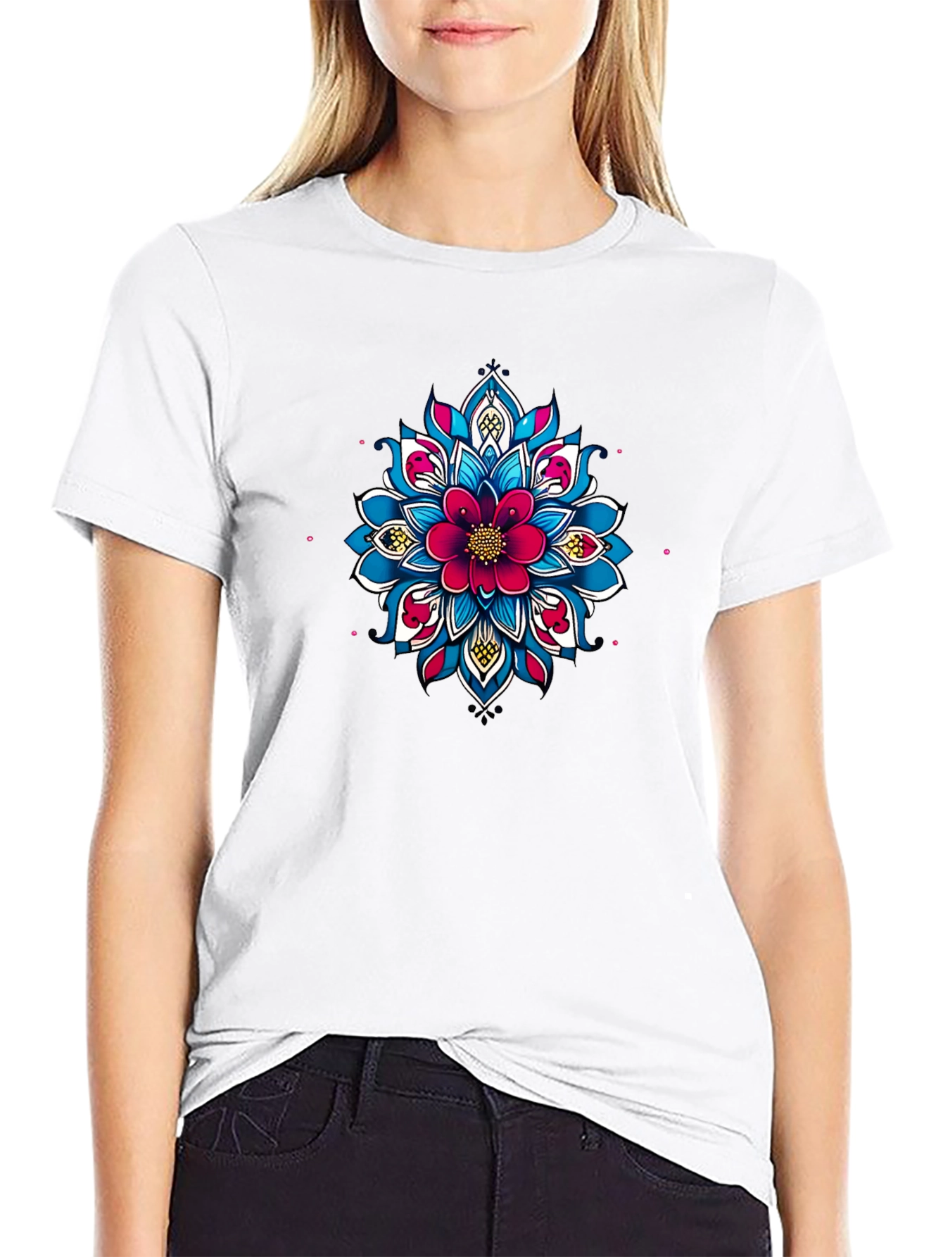 Black Tee with Floral Mandala Design