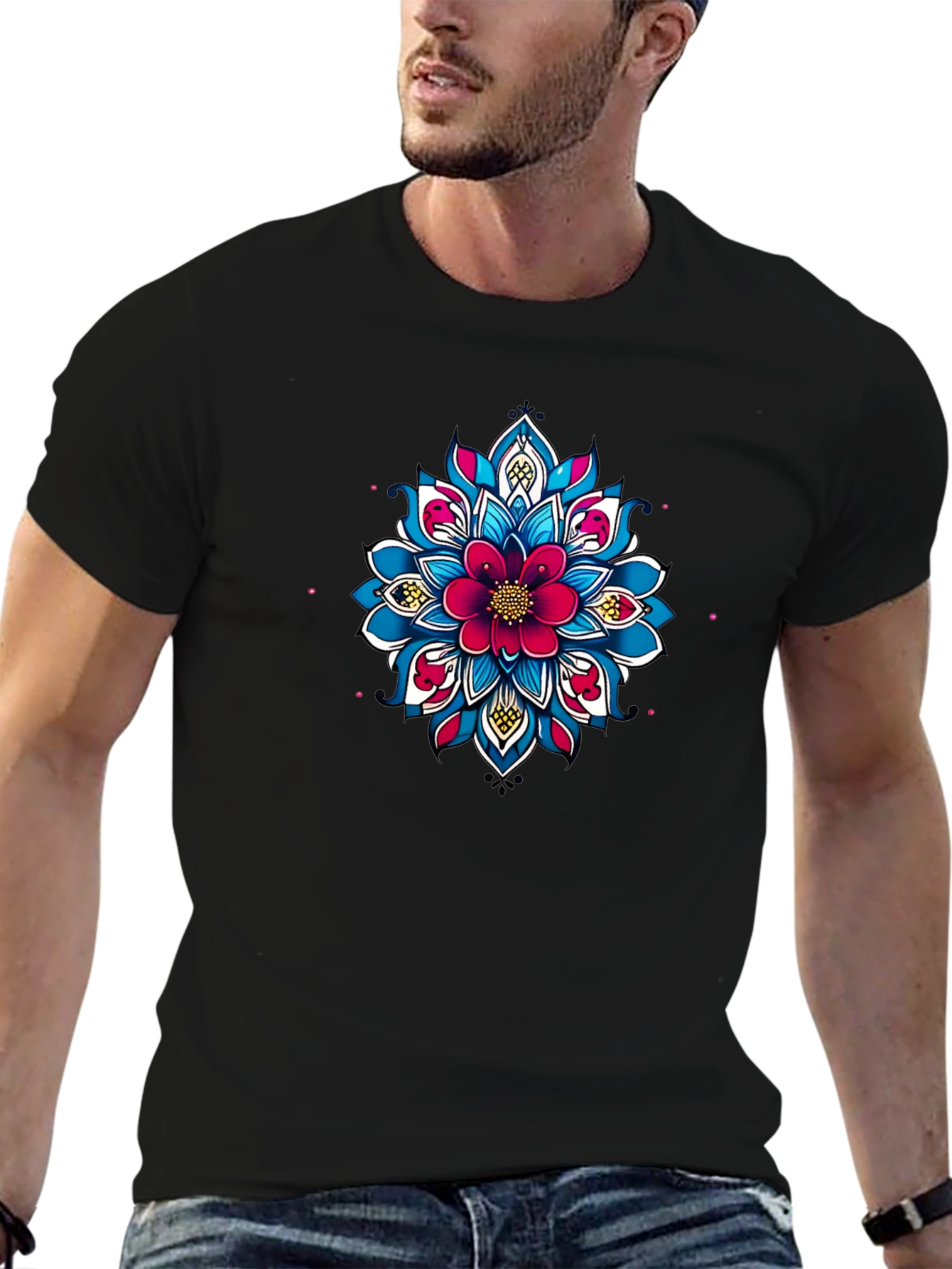 Black Tee with Floral Mandala Design