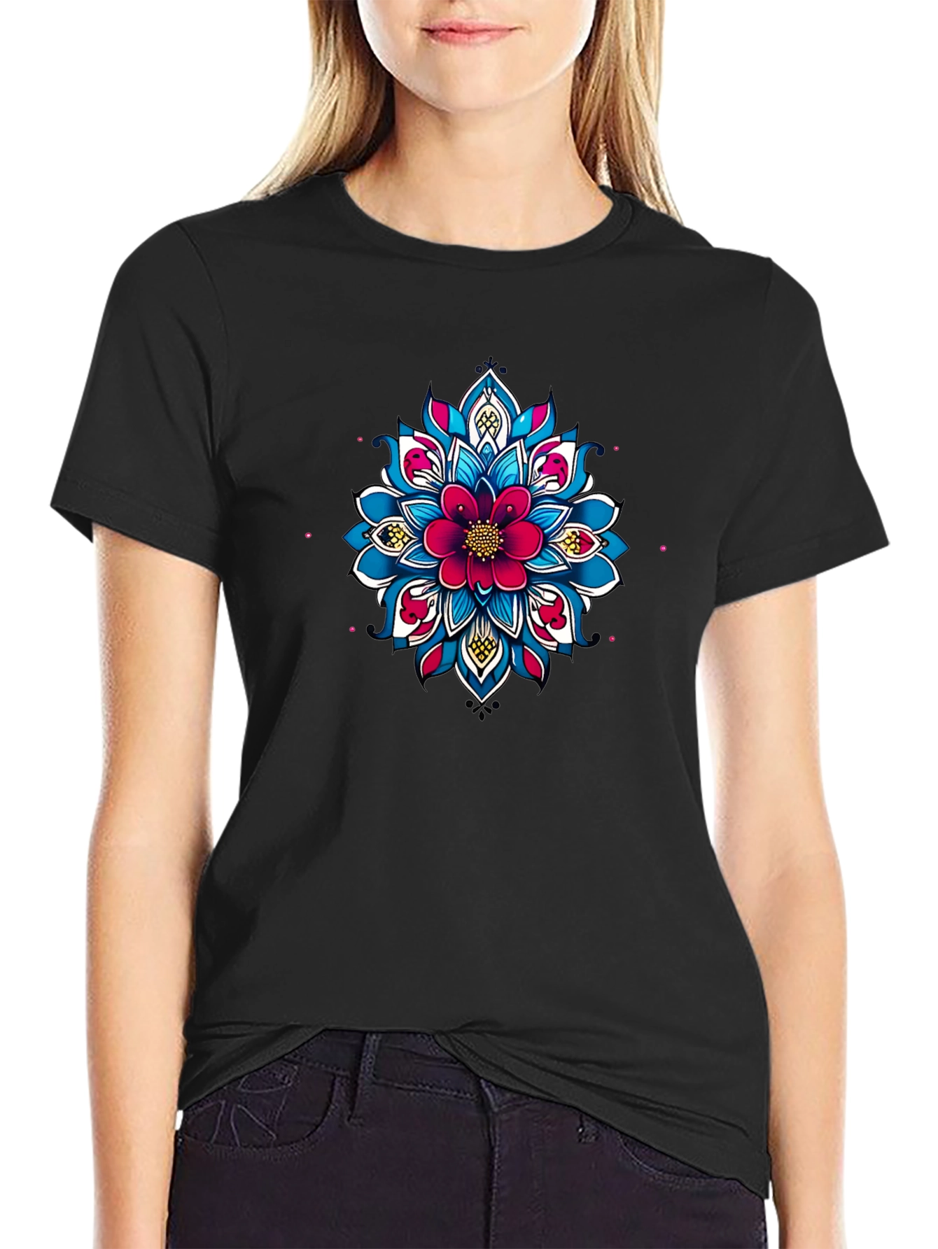 Black Tee with Floral Mandala Design