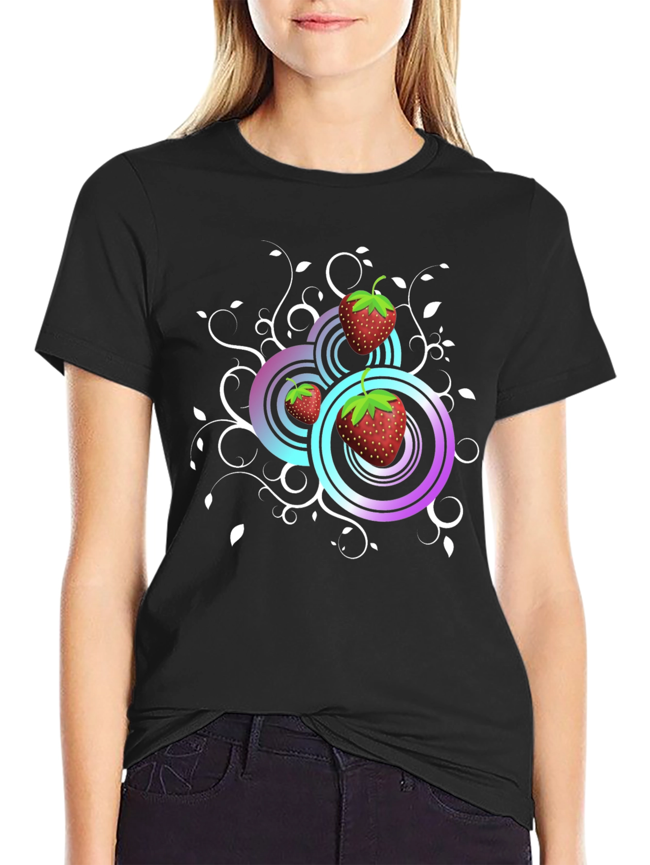 Strawberry Swirl Graphic Tee - Black Cotton Comfort
