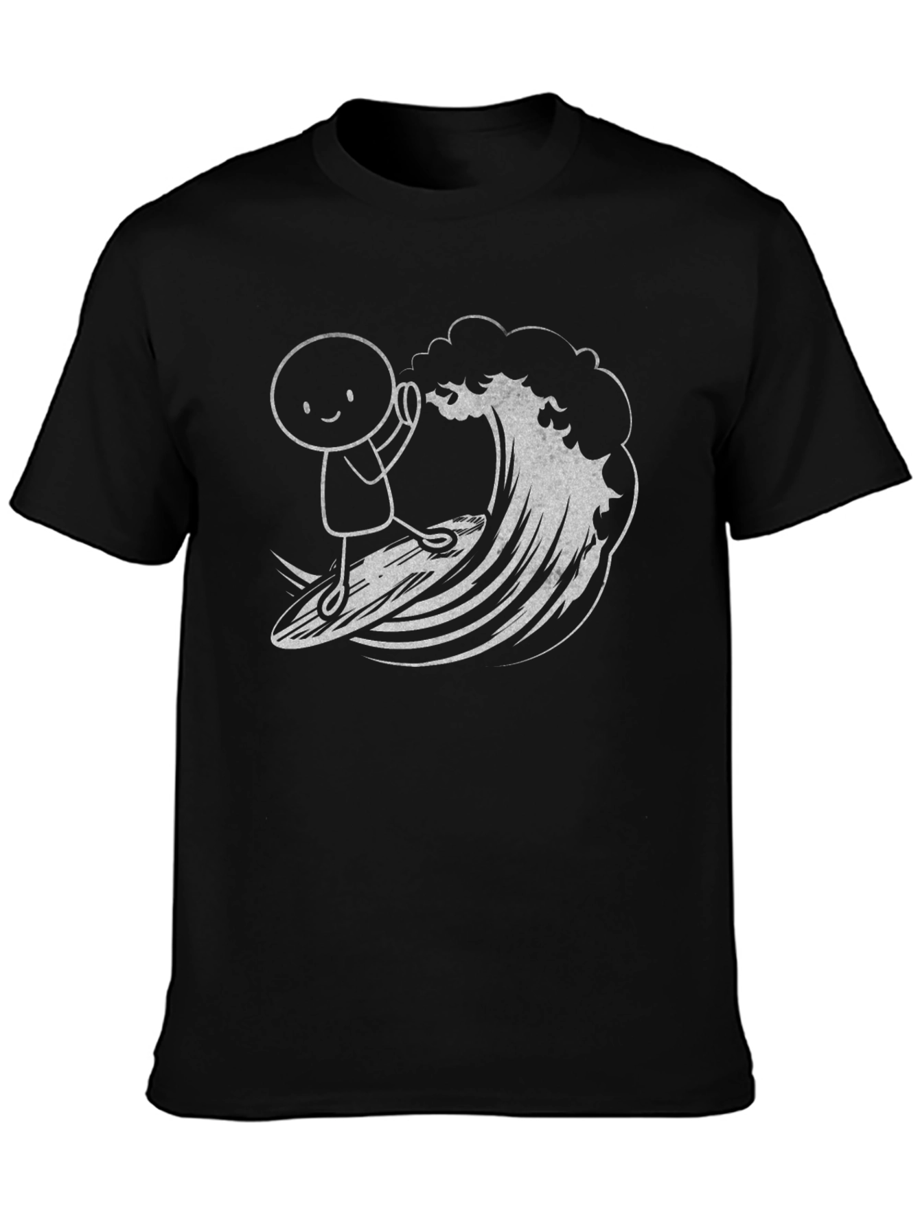 Surfing Stick Figure Graphic Tee - Black Cotton T-Shirt