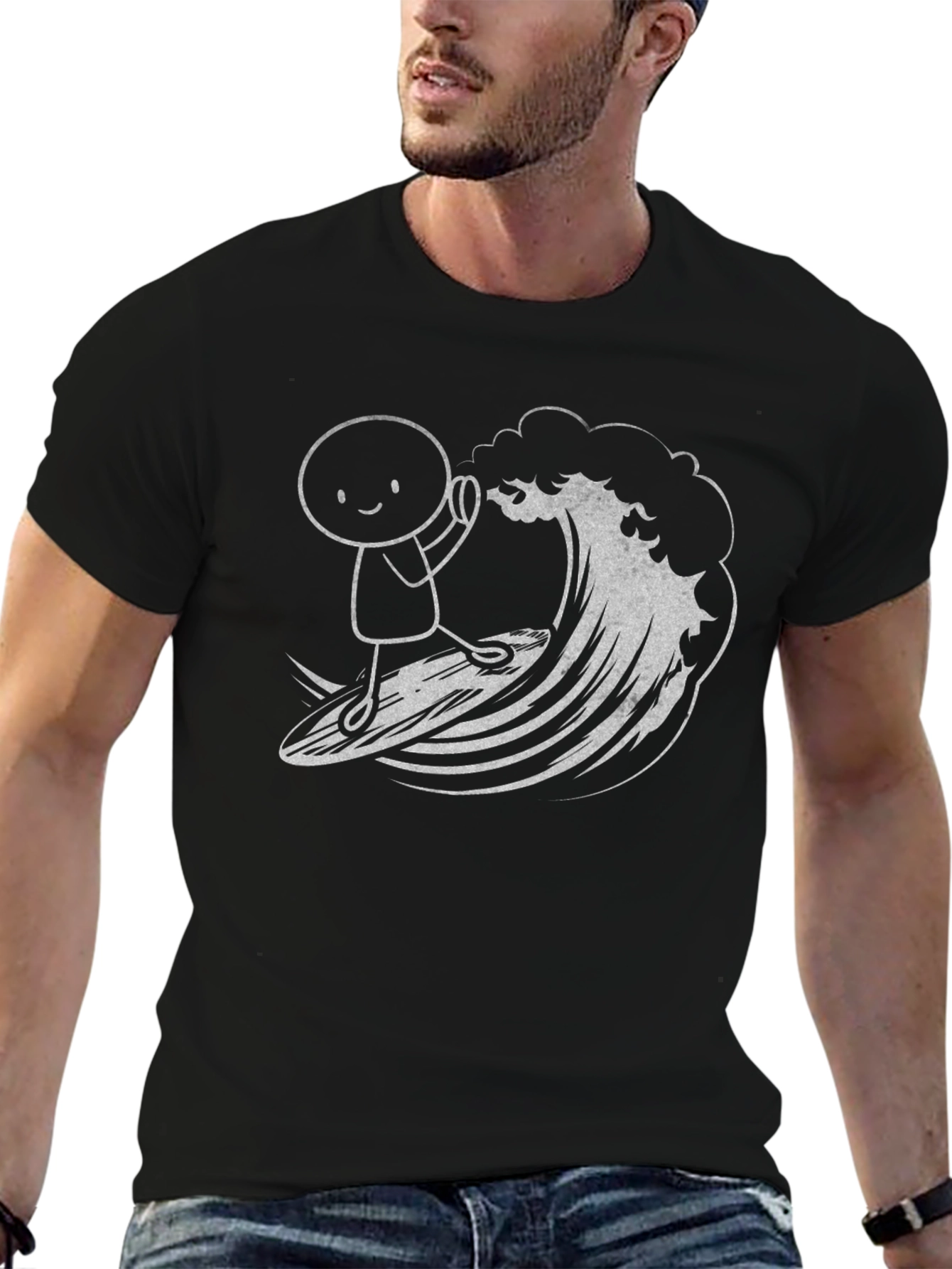 Surfing Stick Figure Graphic Tee - Black Cotton T-Shirt
