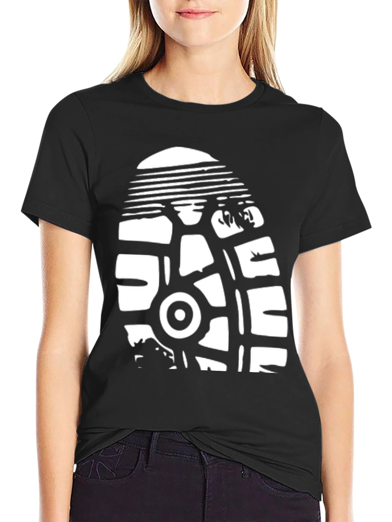 Black T-Shirt with White Shoe Tread Graphic Print