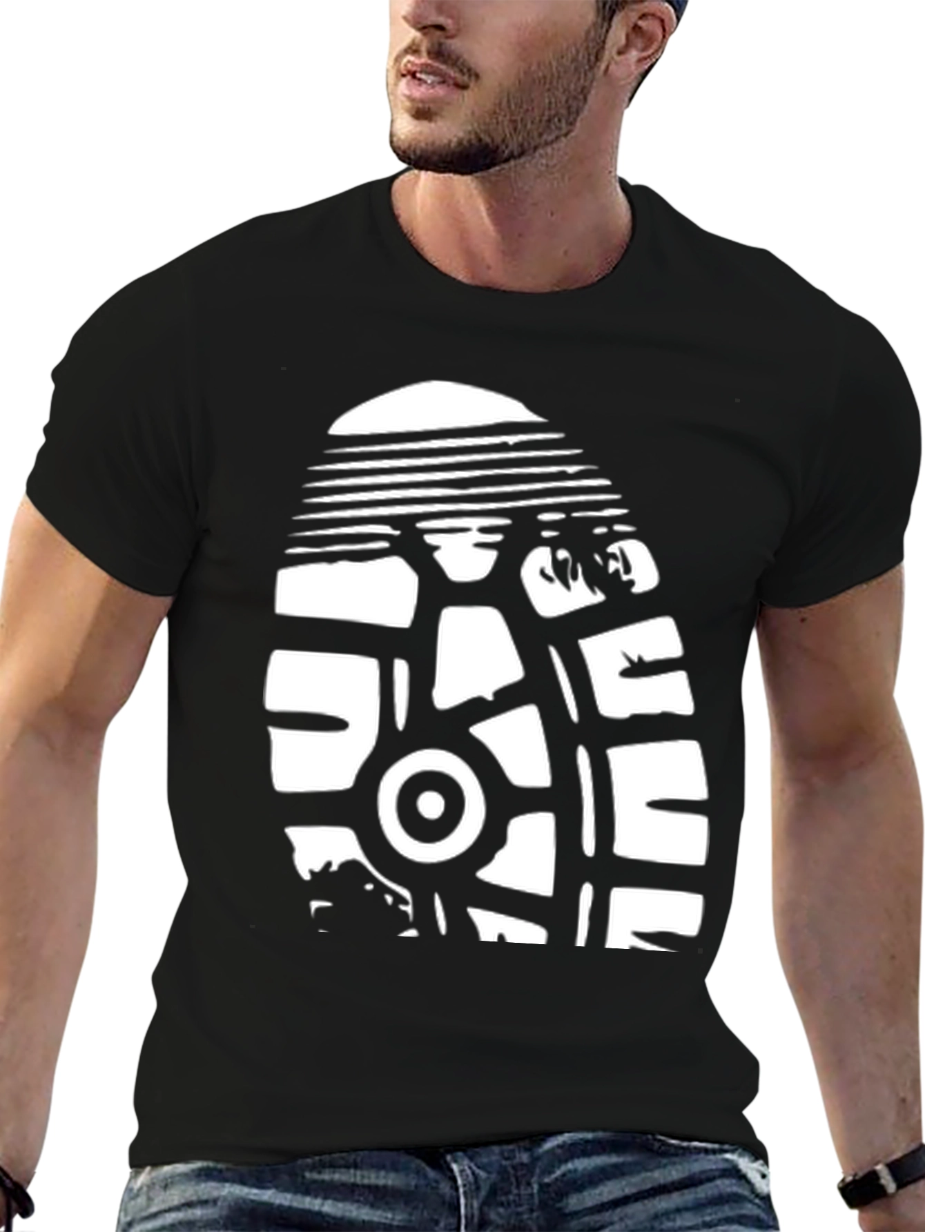 Black T-Shirt with White Shoe Tread Graphic Print