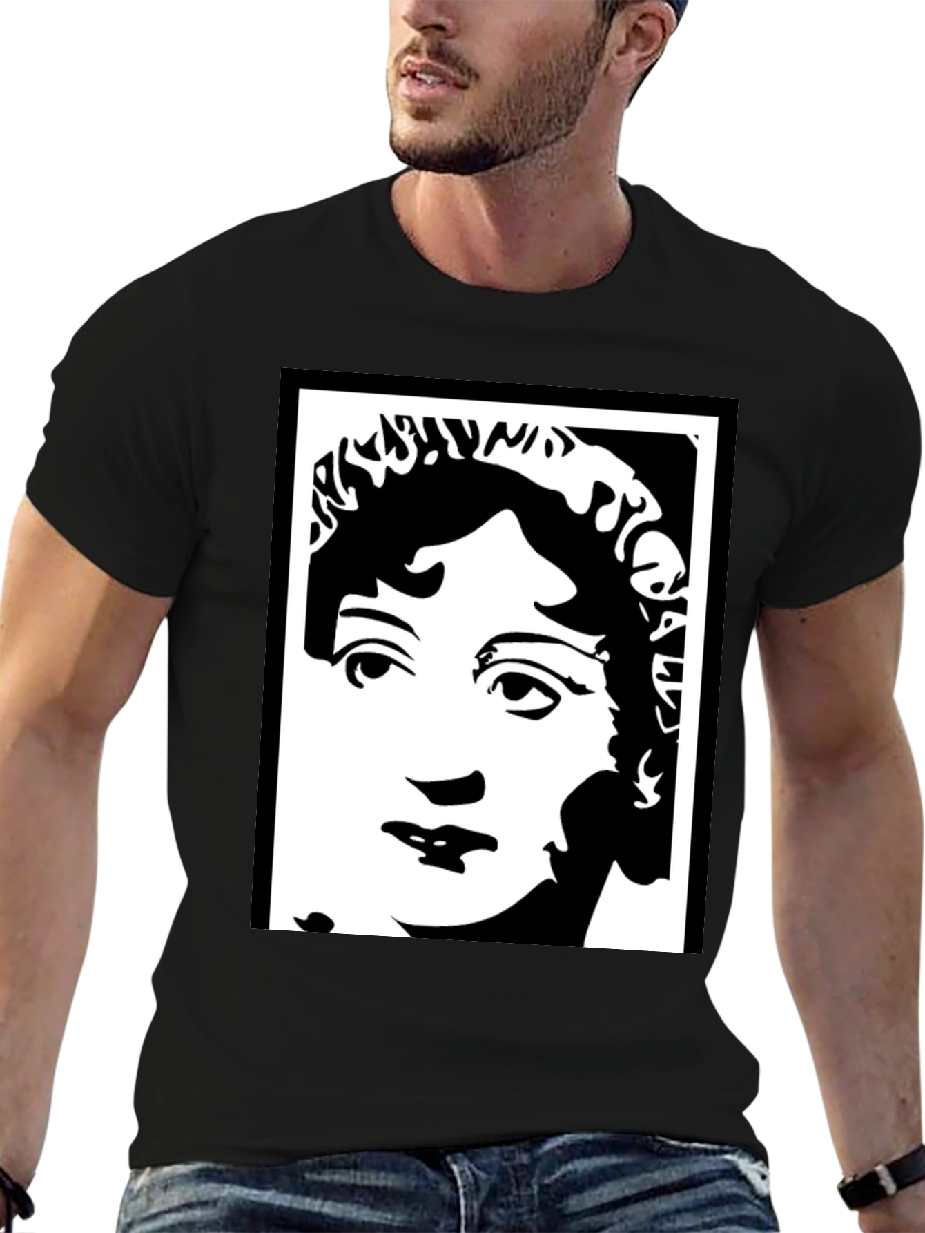 Black T-Shirt with White Portrait Graphic