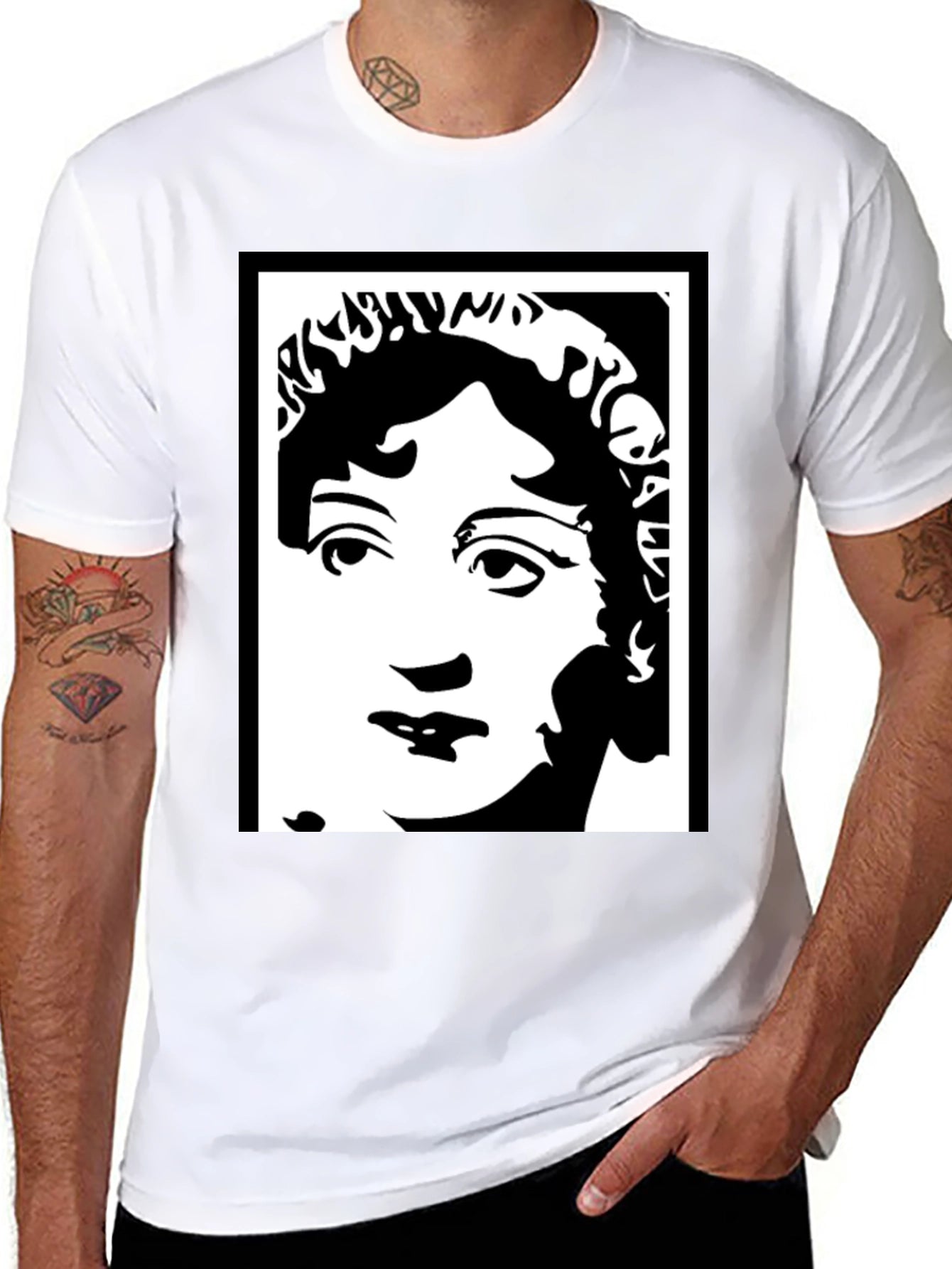 Black T-Shirt with White Portrait Graphic