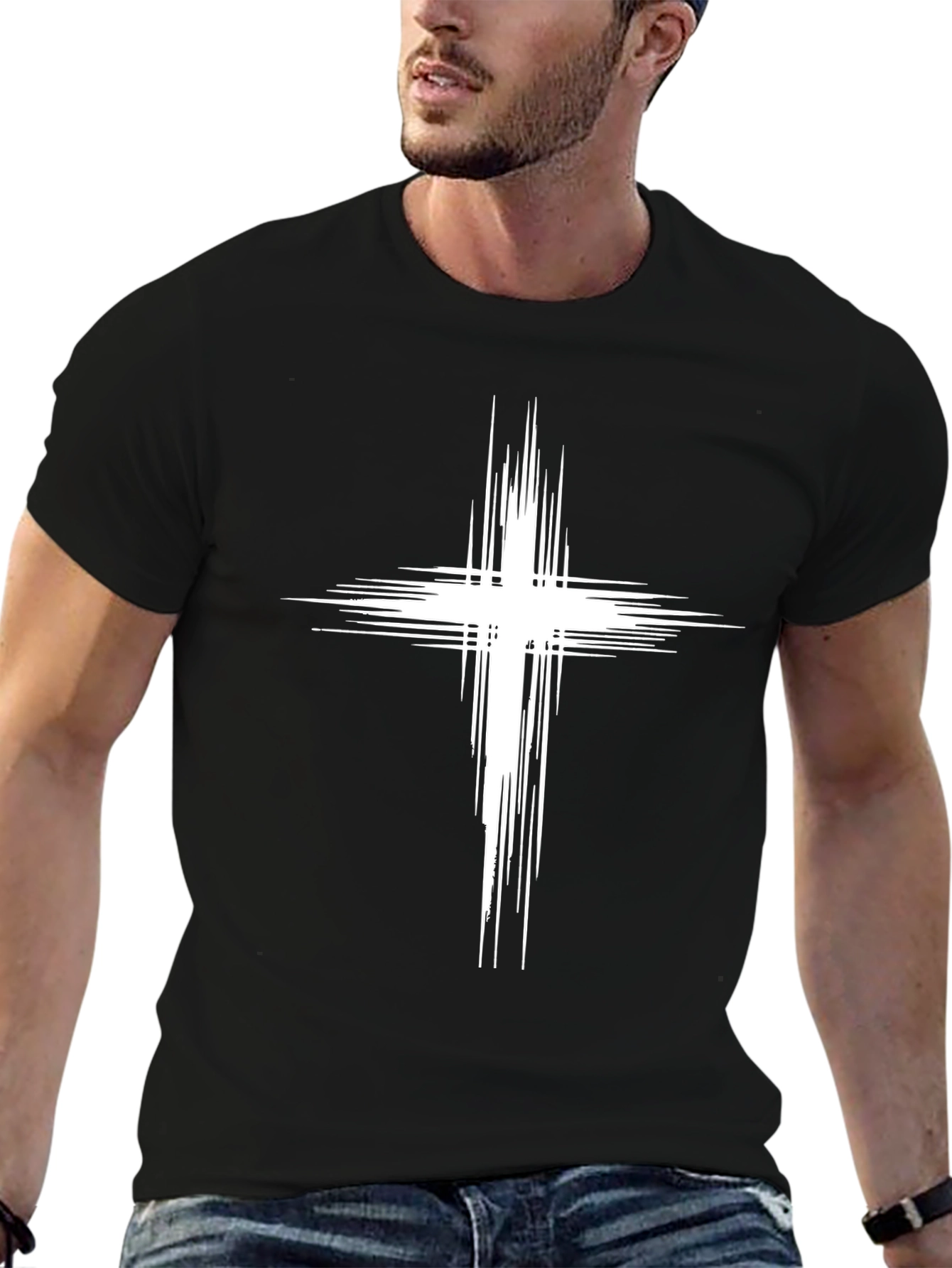 Mens Black T-Shirt with White Abstract Cross Design
