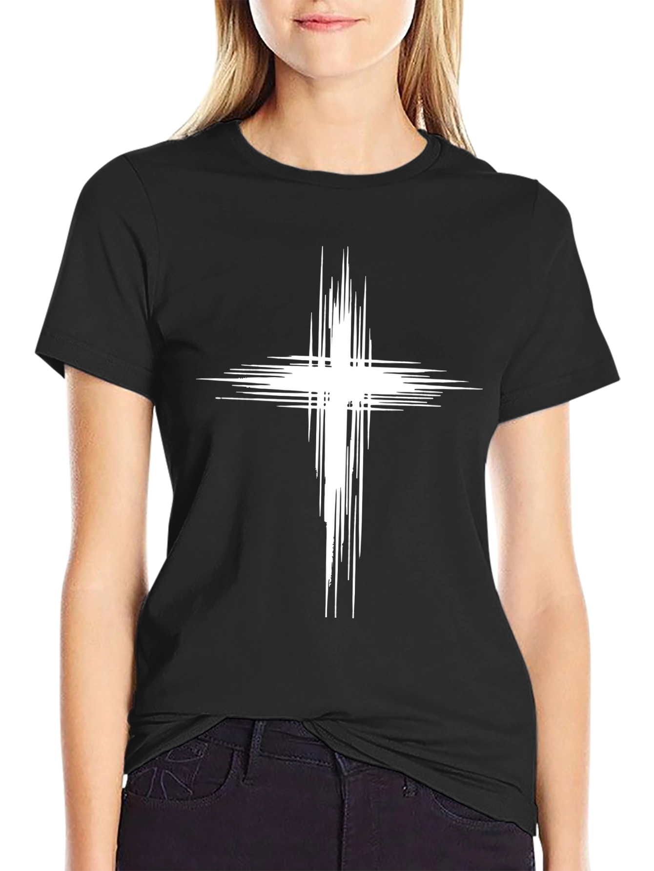 Mens Black T-Shirt with White Abstract Cross Design